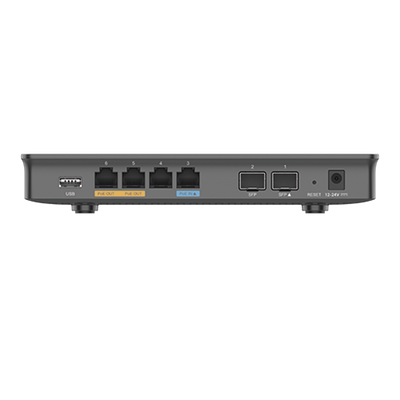 Router Gigabit VPN / Balanceador de cargas / 30,000 sesiones NAT / 4 puertos 10/100/1000 Mbps + 2 puertos SFP (WAN/LAN) / 1 puerto entrada PoE(af/at) / 2 puertos salida PoE (af/at) / Compatible con GWN Cloud.