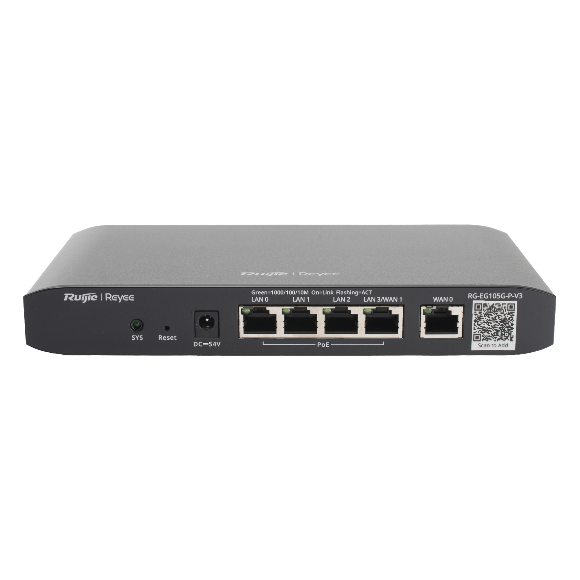 Router Balanceador SD-WAN / 4 Puertos PoE+ / 600 Mbps / 100 Usuarios Concurrentes / 2 Líneas ISP / 54 Watts — RUIJIE · SKU RG-EG105G-P-V3