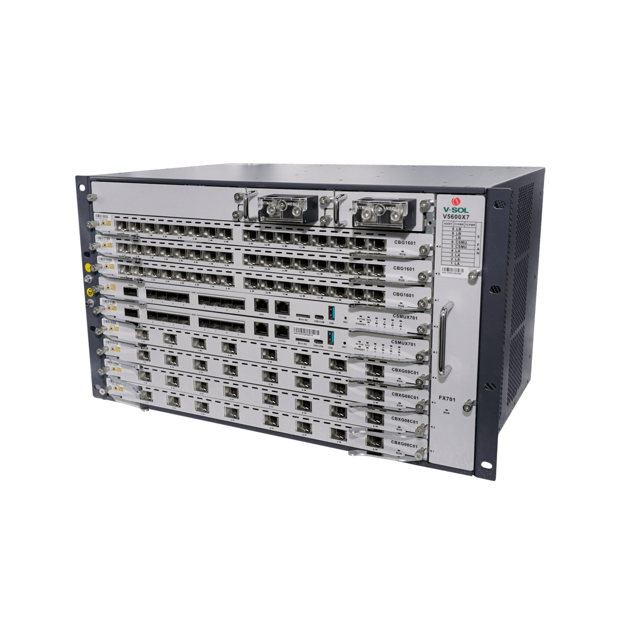 OLT Modular tipo Chasis GPON/XGS-PON Combo, 7 Ranuras de Servicio, Incluye 1 Tarjeta de Servicio de 16 puertos GPON