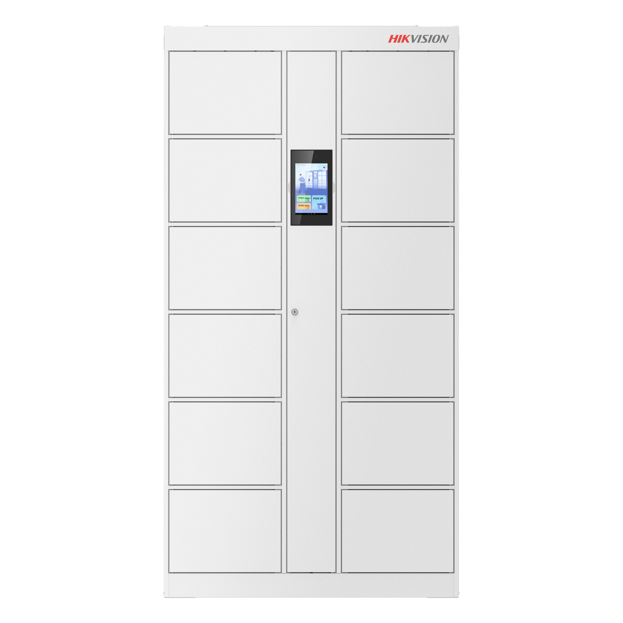 Locker Inteligente de 12 Espacios con Reconocimiento Facial Incluido de 8" / MAESTRO / Uso para Visitantes y/o Empleados / Fácil Uso y Puesta en Marcha — HIKVISION · SKU DS-KLM28-12