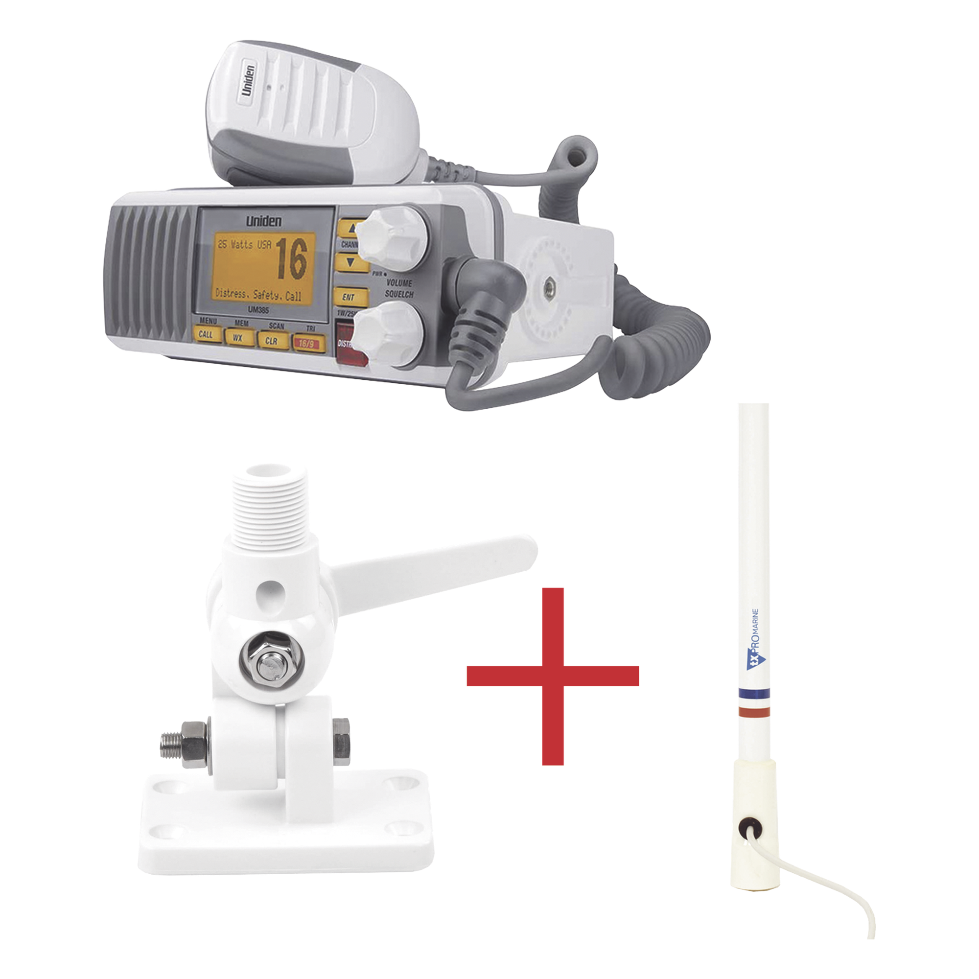 Kit de radio UM385 | mas antena marina de fibra de vidrio TX-5206-SYS y soporte para antena 4186 — UNIDEN · SKU UM385/KIT5206