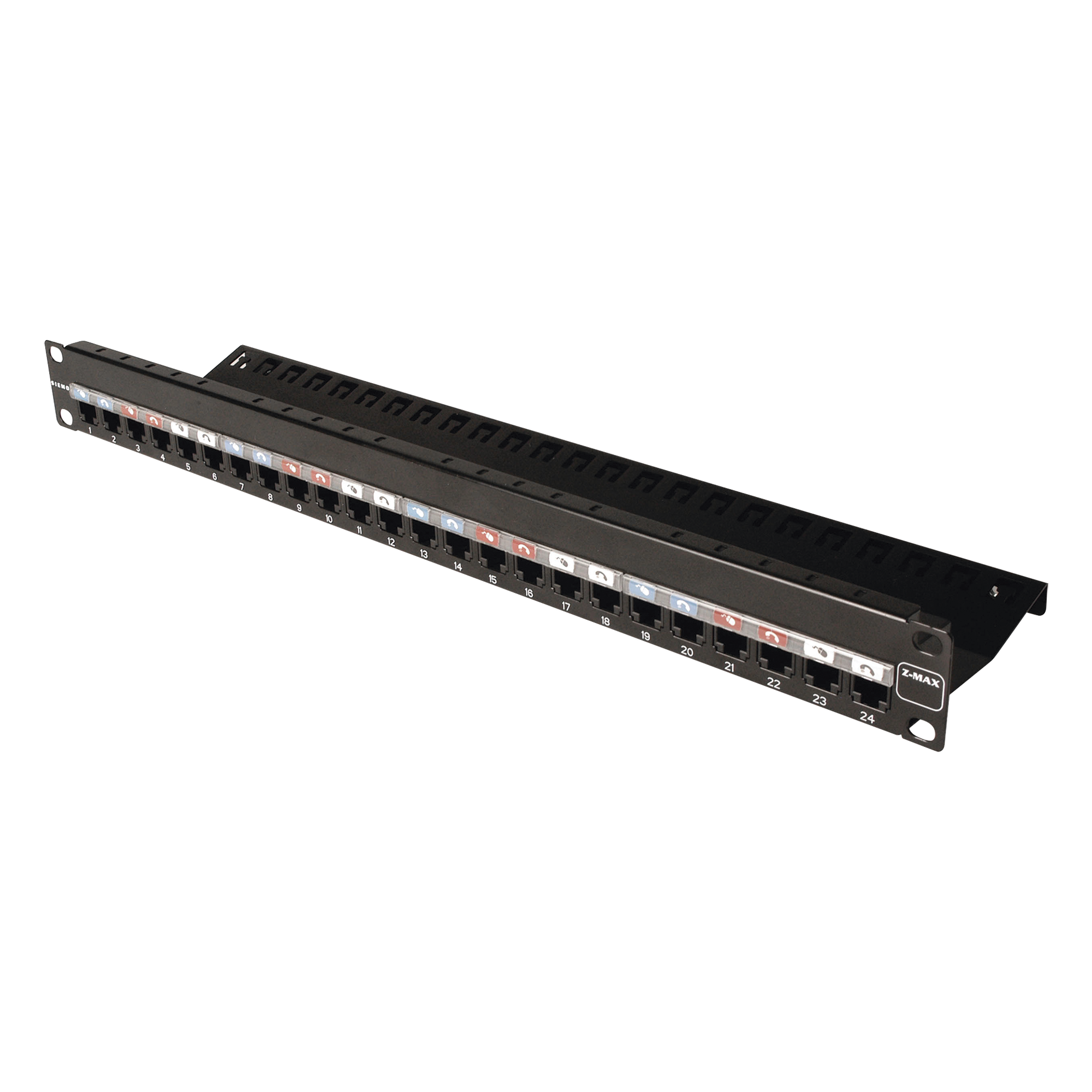 Patch Panel Z-Max, de 24 Puertos, Modular (Vacío), Plano, 1UR — SIEMON · SKU Z-PNL-24E