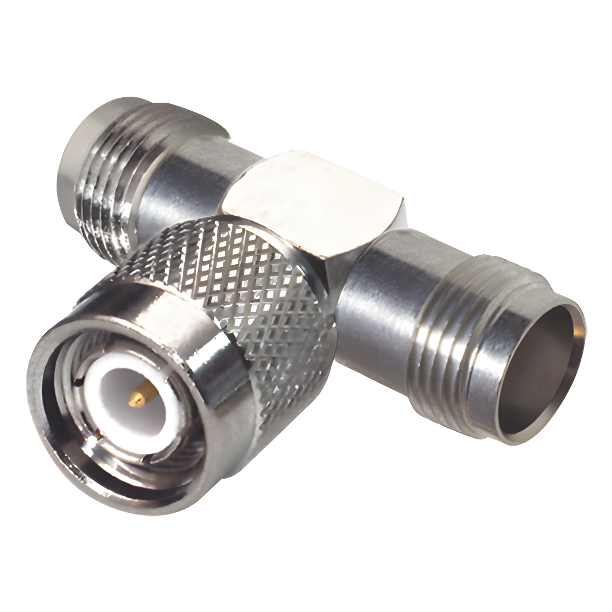 Adaptador en T de TNC Macho a Doble TNC Hembra, Níquel/ Oro/ Teflón. — RF INDUSTRIES,LTD · SKU RFT-1228
