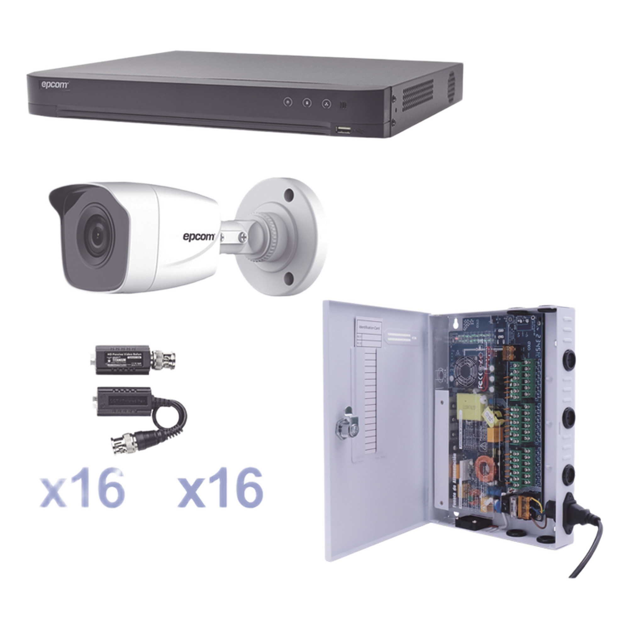 KIT TurboHD 1080p / DVR 16 Canales / 16 Cámaras Bala (exterior 2.8 mm) / Transceptores / Conectores / Fuente de Poder Profesional — EPCOM PROFESSIONAL · SKU KEVTX8T16BW