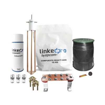 Kit Puesta a Tierra 30A / Electrodo Cobre Electrolítico / Diseño Delta / Filtro Equipotencial / Compuesto 12 kg / Barra Unión + Conectores + Registro — LINKEDPRO BY EPCOM · SKU LP-GROUND30A-KIT