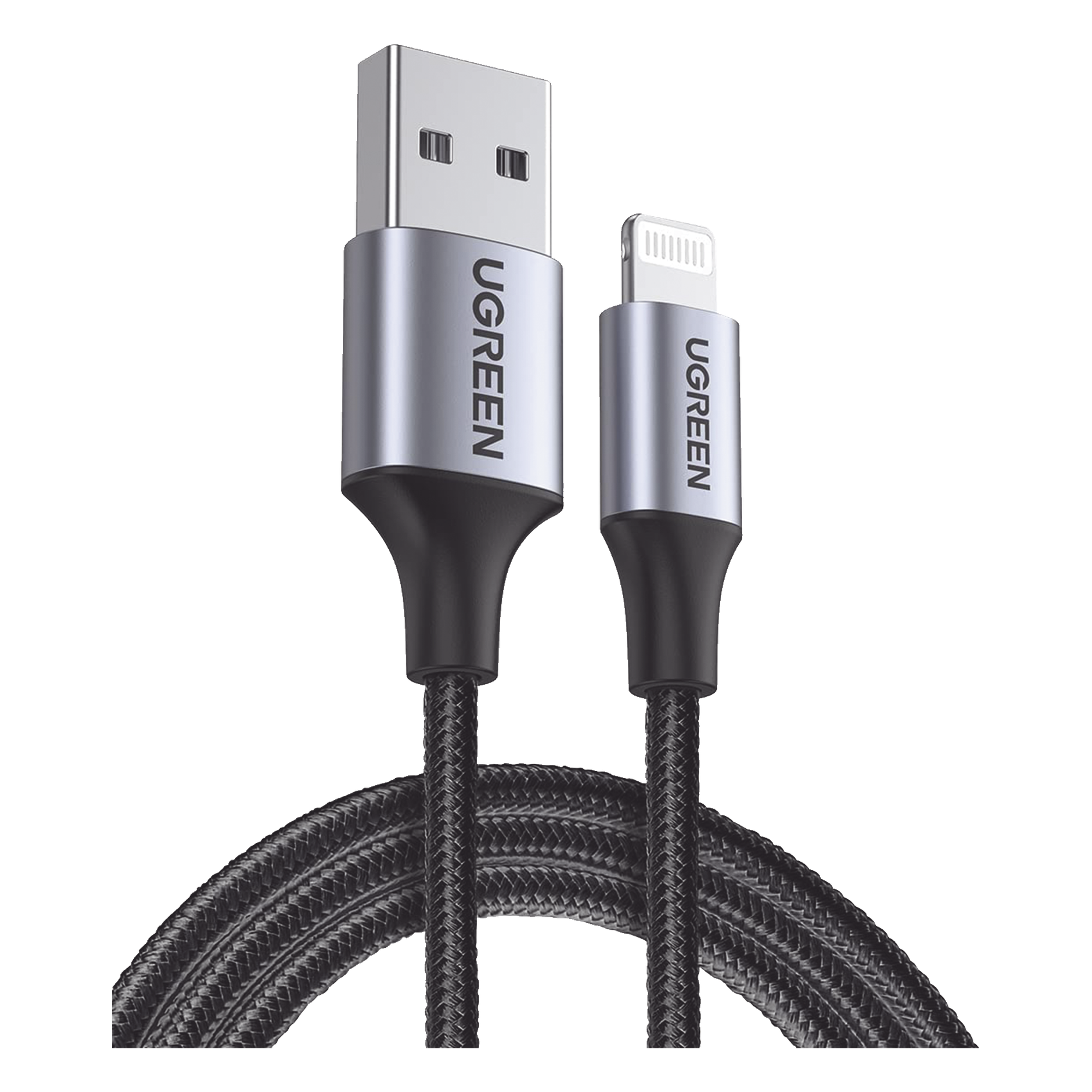 Cable USB-A a Lightning | 1 Metro (3.28 Pies) | Certificado MFi | Carga Rápida 5V/2.4 A | 480 Mbps | Conector C94 | Adecuado para iPhone, iPad y iPod | Protección Integrada | Caja de Aluminio | Nylon Trenzado | Color Negro — UGREEN · SKU 60156