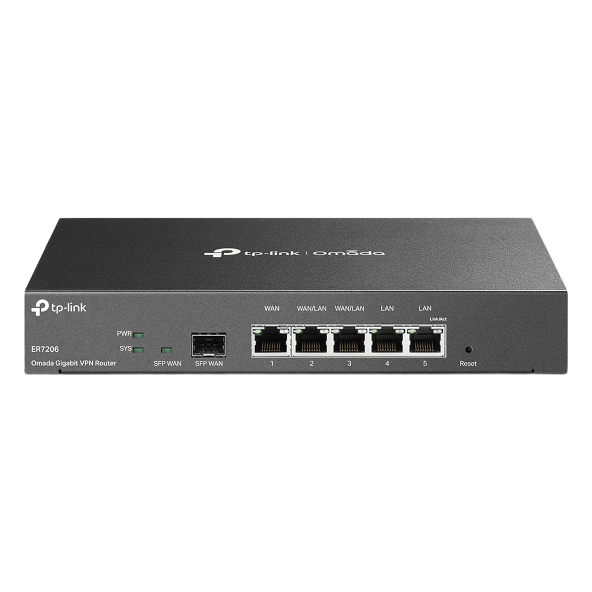 Router Omada VPN / SDN Multi-WAN Gigabit / 1 Puerto WAN SFP Gigabit / 1 Puerto WAN RJ45 Gigabit / 2 Puertos LAN RJ45 Gigabit / 2 Puertos Configurables LAN/WAN / 150,000 Sesiones Concurrentes / Administración Centralizada Omada o Stand-Alone — TP-LINK · SKU ER7206
