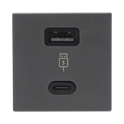 Módulo Doble USB Tipo A+C / Carga Rápida 30W / Color Negro / 45x45 mm / Compatible Torres y Cajas K45 — SIMON · SKU SM-2USB-N