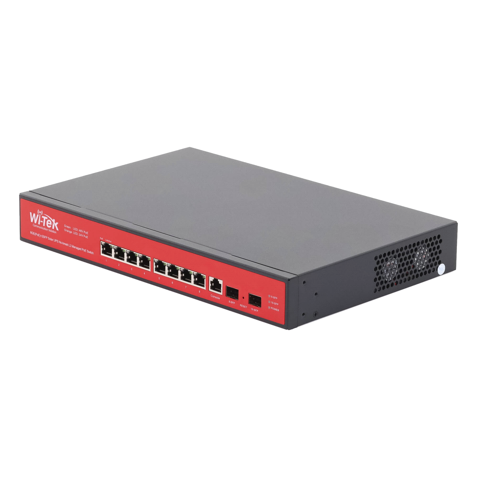 Switch Administrable Capa 2 de 8 puertos 10/100/1000 PoE af/at + 2 x SFP Gigabit, con respaldo para energía solar