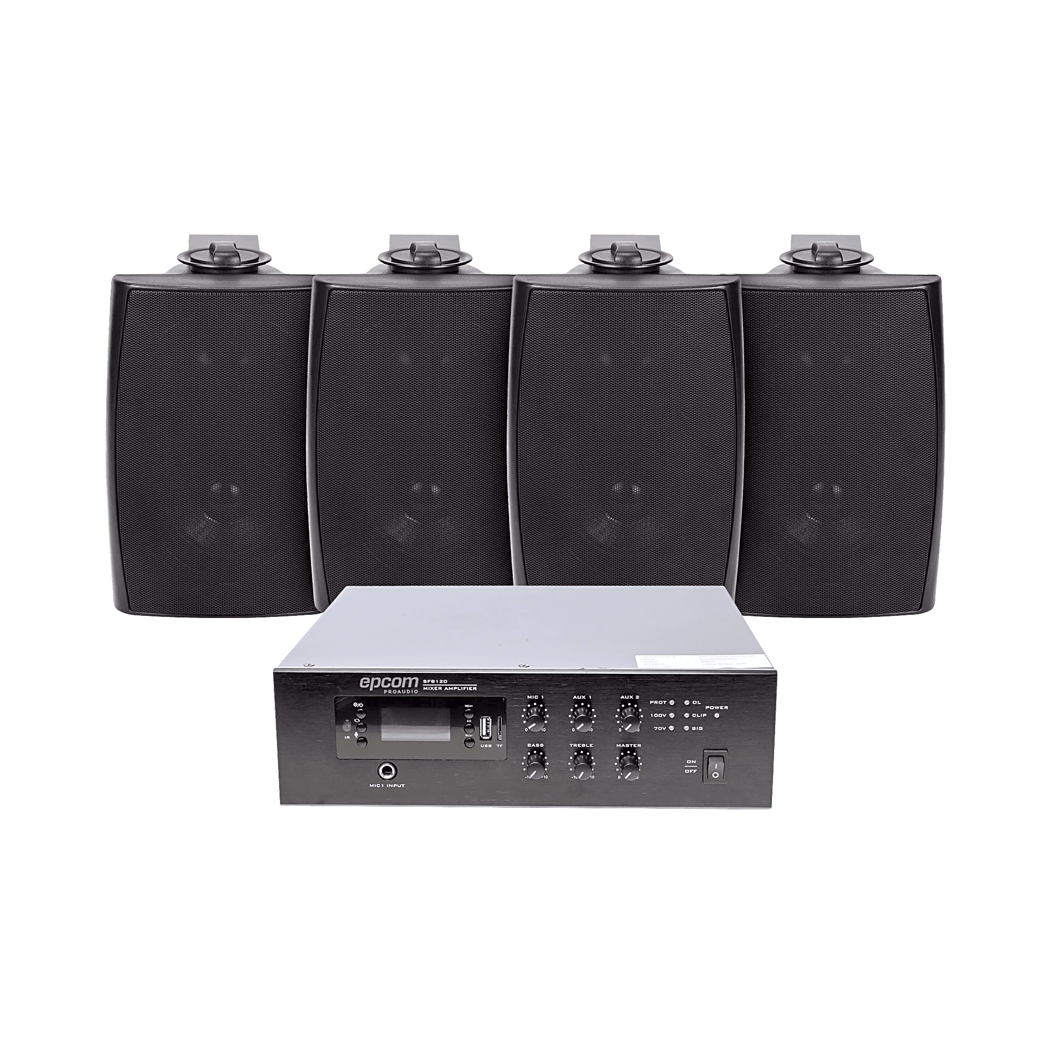 KIT de Amplificador de 240W para Escritorio | 4 Altavoces de Pared color Negro 2.5W - 20W | Sistema 70/100V — EPCOM PROAUDIO · SKU SFB240/4WS
