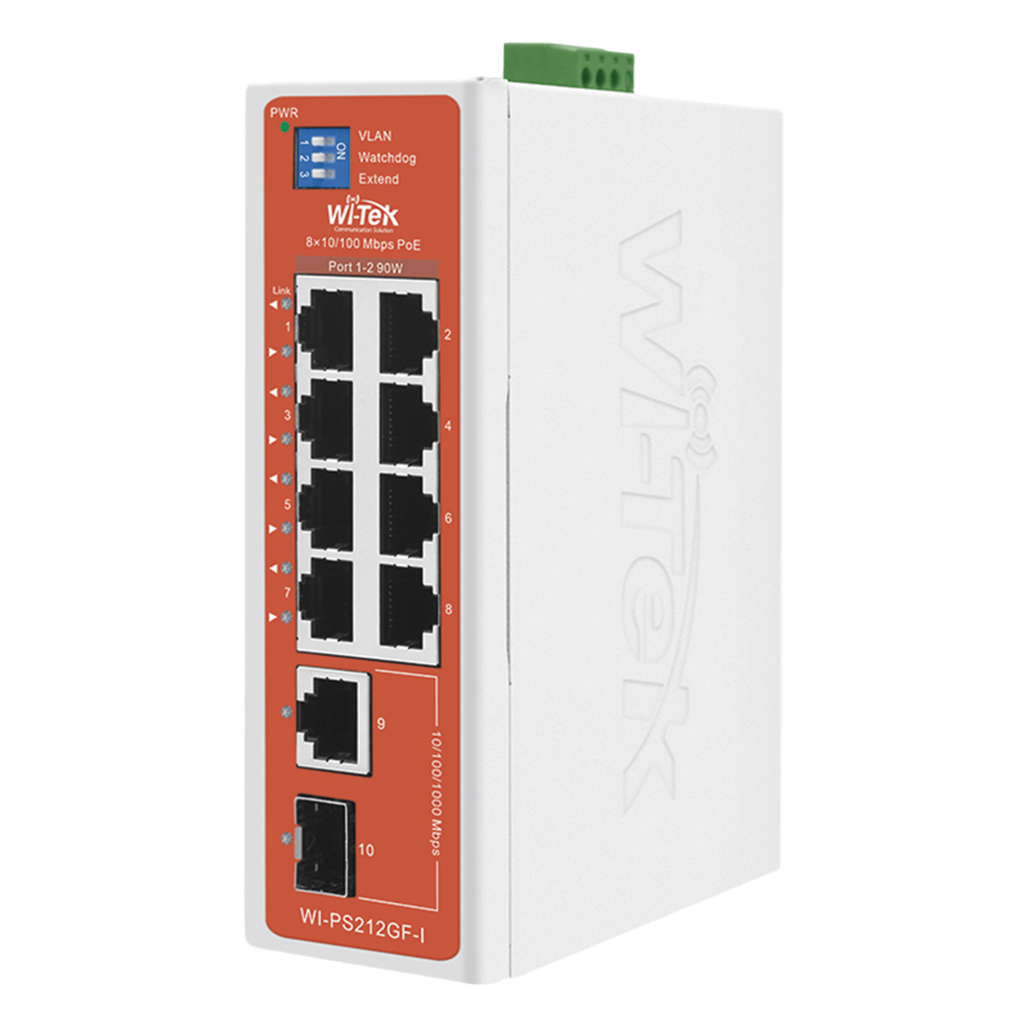 Switch Semi-Industrial / No administrable / 8 puertos 10/100 PoE af/at/bt / 1 puerto Gigabit RJ45 Uplink / 1 puerto SFP Uplink / Presupuesto PoE 110 Watts / — WI-TEK · SKU WI-PS212GF-I-V2