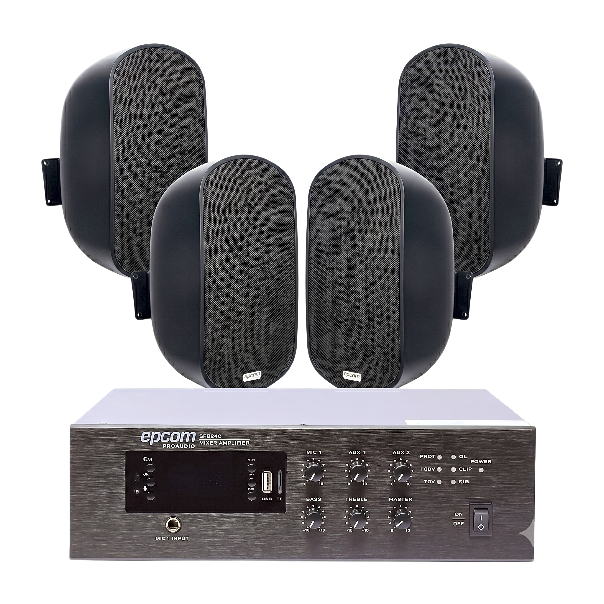 KIT de Amplificador de 240W para Escritorio | 4 Altavoces de Pared color Negro 3W - 50W | Sistema 70/100V — EPCOM PROAUDIO · SKU SFB240/4WS50