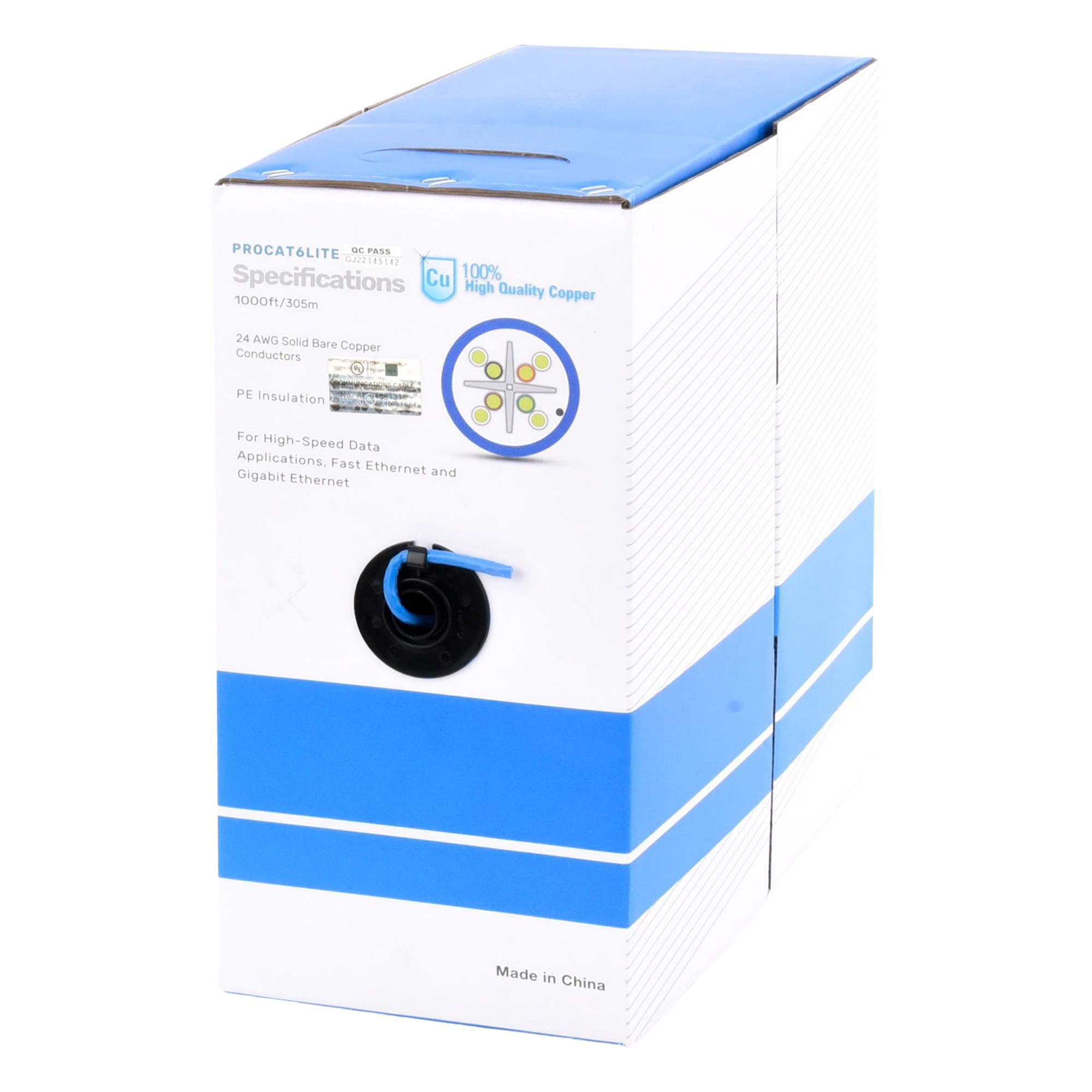 Bobina de Cable de 305 Metros (1000 Pies) Cat6, CM, 24 AWG, Alto Rendimiento, ETL, UL, Color Azul, Super Flexible, para Aplicaciones de Videovigilancia, Video HD, y Redes de Datos. Uso Interior — LINKEDPRO BY EPCOM · SKU PRO-CAT-6-LITE