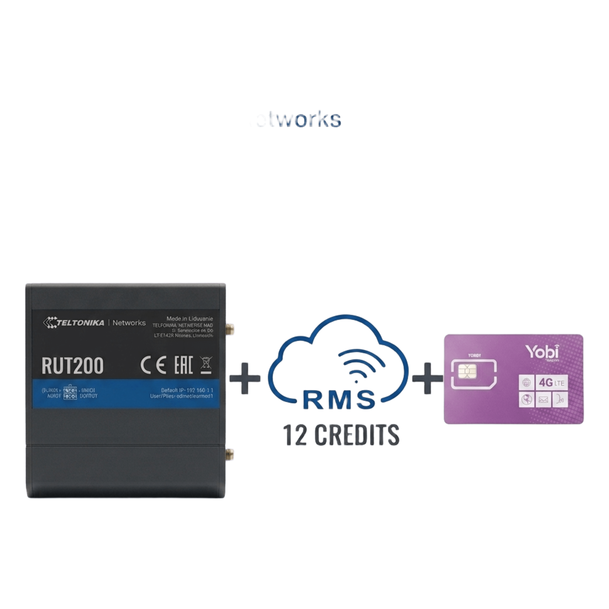 Router Teltonika LTE/4G RUT200 + 12 creditos RMS + SIM de YOBI de 1GB por Mes durante un año de servicio (solo datos) — TELTONIKA · SKU RUT200+1YRMS+1GBYOBI