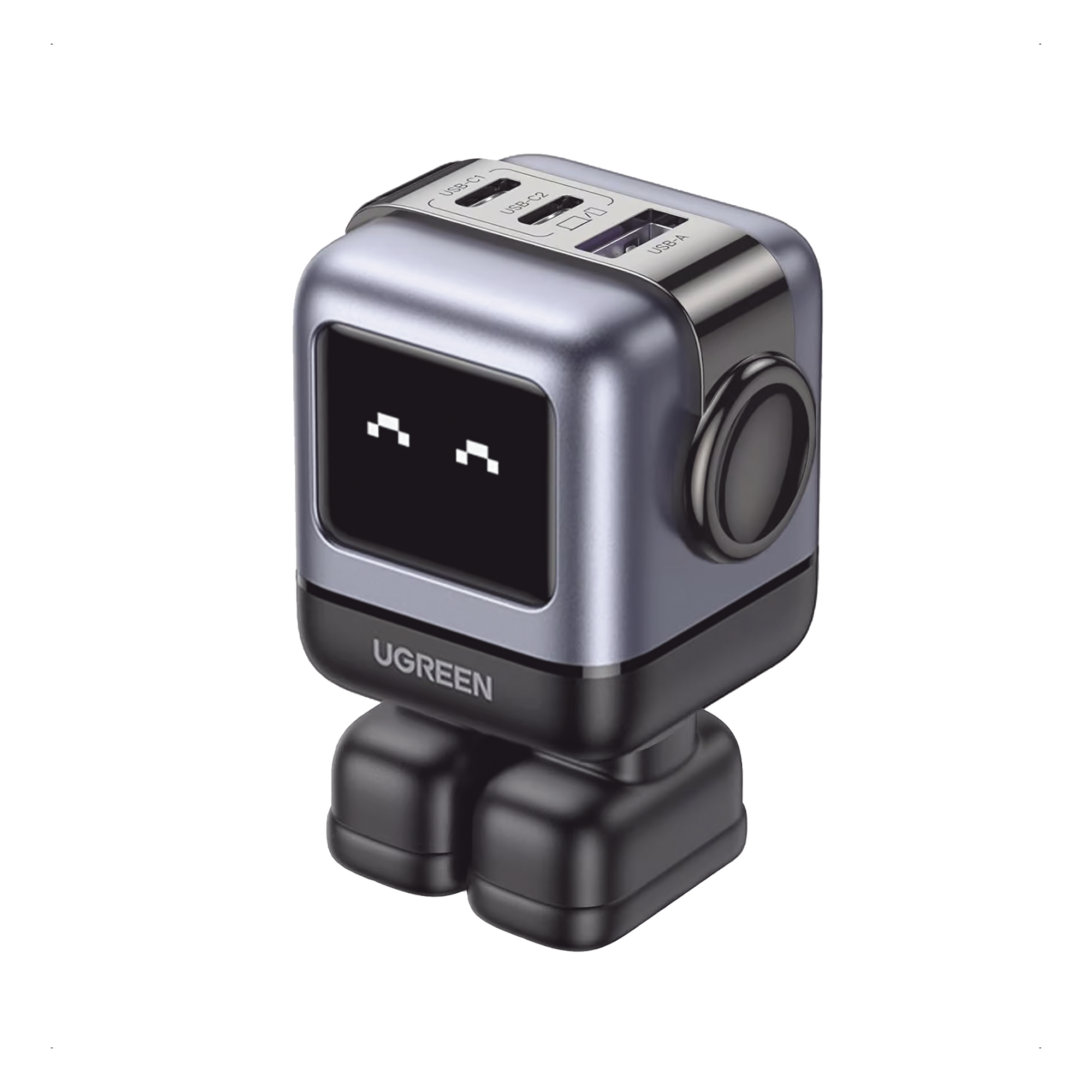 Cargador RobotGaN de 65W Serie UNO | 3 Puertos de Carga Rápida | 2 USB-C | 1 USB-A | PD 3.0 | QC 4.0 | Carga Inteligente | Tecnología GaN II | Zapato Magnético Extraíble | Carcasa Ignífuga | Pantalla LED — UGREEN · SKU 15570B