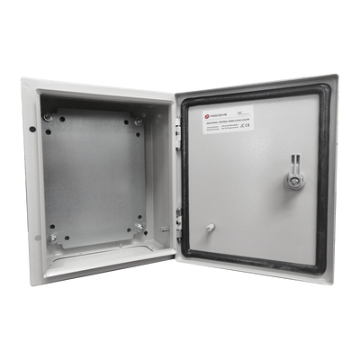Gabinete de Acero IP66 Uso en Intemperie (300 x 400 x 200 mm) con Placa Trasera Interior de Metal y Compuerta Inferior Atornillable (Incluye Chapa y Llave T).