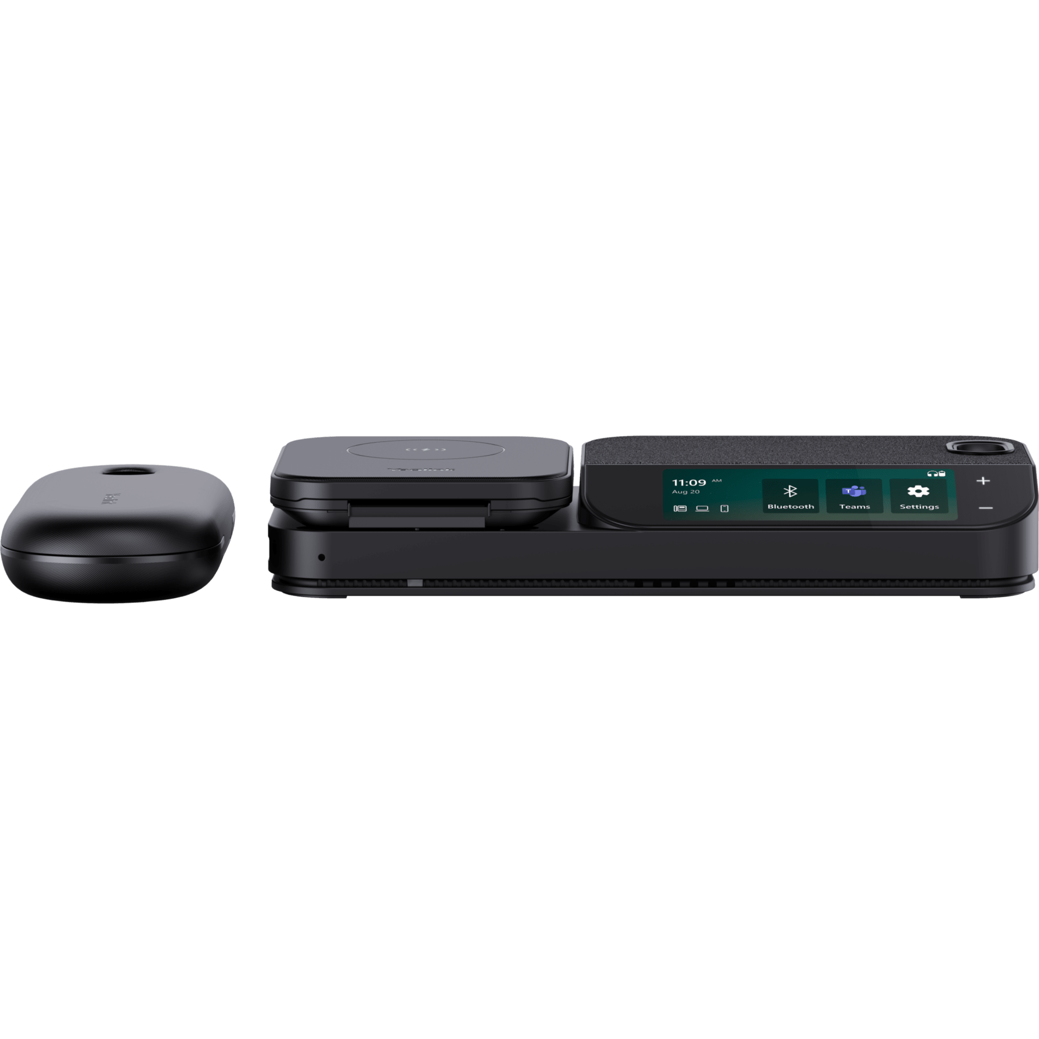 Sistema de Auricular Bluetooth Mono / Cancelación de Ruido 4-Mic / Autonomía 30h / Pantalla Táctil 3' / Conectividad USB-C/A / Carga Inalámbrica Qi 15W