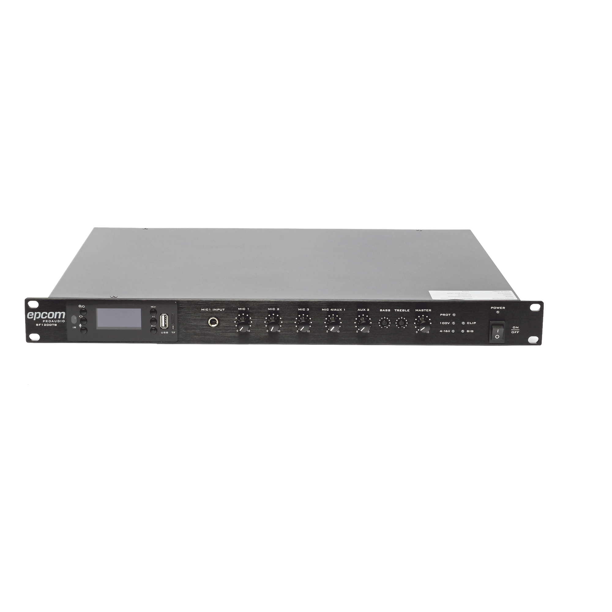 Amplificador Mezclador | 120W RMS | Sistema 100V y Baja Impedancia | MP3 | Tuner | Bluetooth | Música ambiental y Voceo — EPCOM PROAUDIO · SKU SF-120DTB