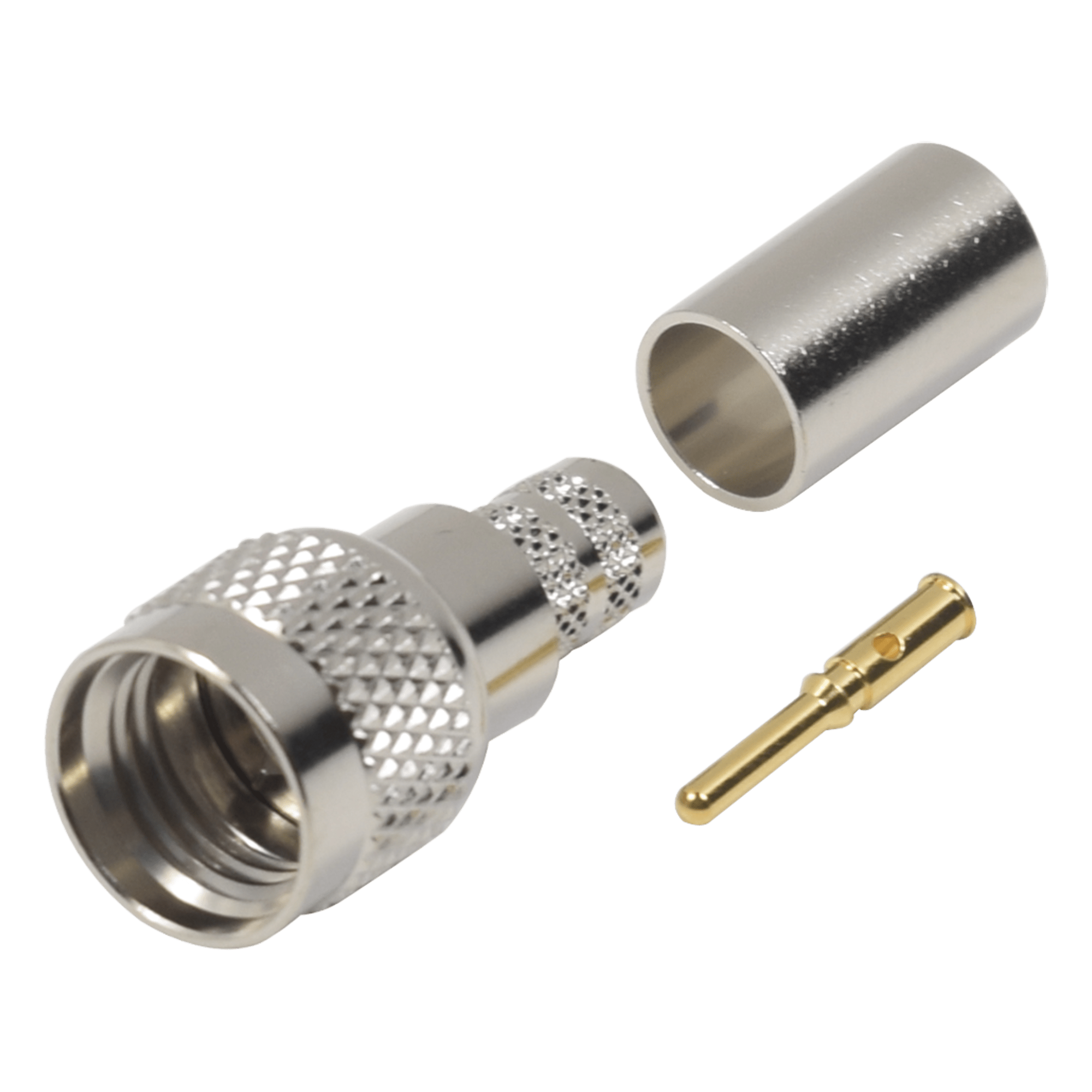 Conector Mini-UHF Macho, 50 Ohm de Anillo Plegable para LMR-240, RG-8/X, 9258, Niquel/ Oro/ Delrin. — RF INDUSTRIES,LTD · SKU RFU-600-1X