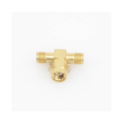 Adaptador en T, de Conector SMA Macho a Doble SMA Hembras, Oro/ Oro/ Teflón.