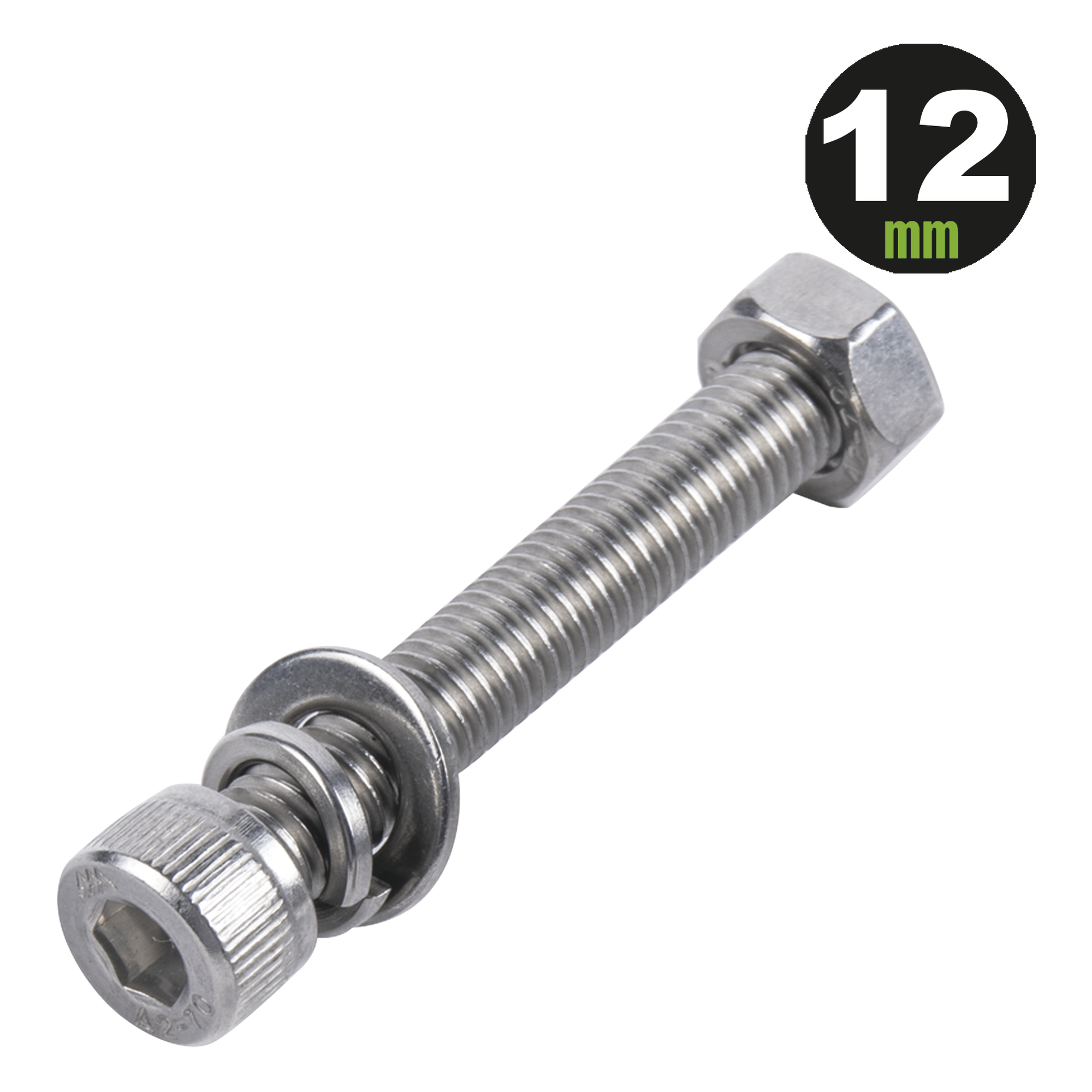 1 Tornillo Allen Milimétrico de Acero Inoxidable  M8-1.25 x 12/ Con 1 Tuerca, 1 Arandela de Presión y 1 Plana / Para Montajes de Módulos Foto Voltaicos . — DMT · SKU 950-5080-124