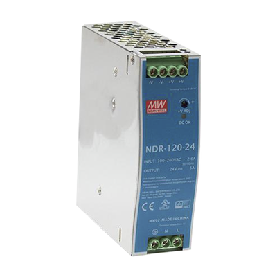 Fuente de Poder para Riel DIN / 120W / Salida 24Vcc 5A / Entrada Universal 90-264Vca / Eficiencia 88% — MEANWELL · SKU NDR-120-24