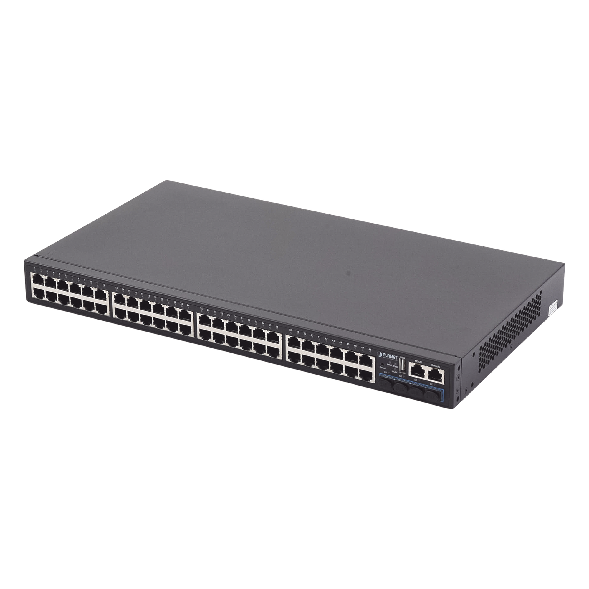 Switch Administrable Stackeable Capa 3, 48 Puertos 10/100/1000T, 4 Puertos 10G SFP+ — PLANET · SKU SGS-6341-48T4X
