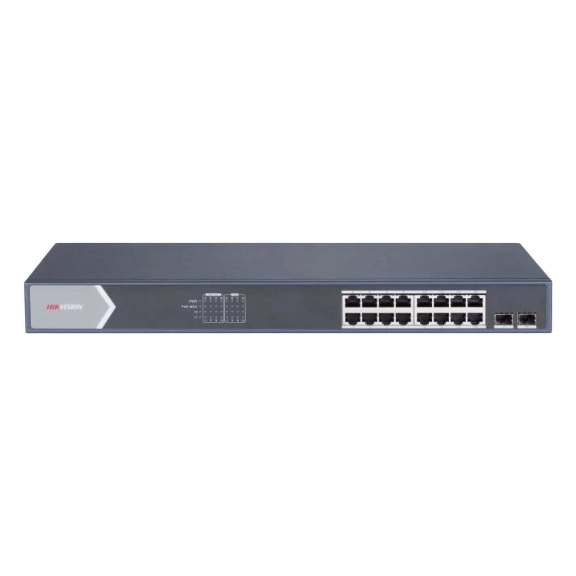Switch Gigabit PoE+ / Administrable / 16 Puertos 1000 Mbps PoE+ / 2 Puertos SFP / Configuración Nube desde Hik-ParnerPro / PoE hasta 300 Metros / 225 Watts — HIKVISION · SKU DS-3E1518P-SI