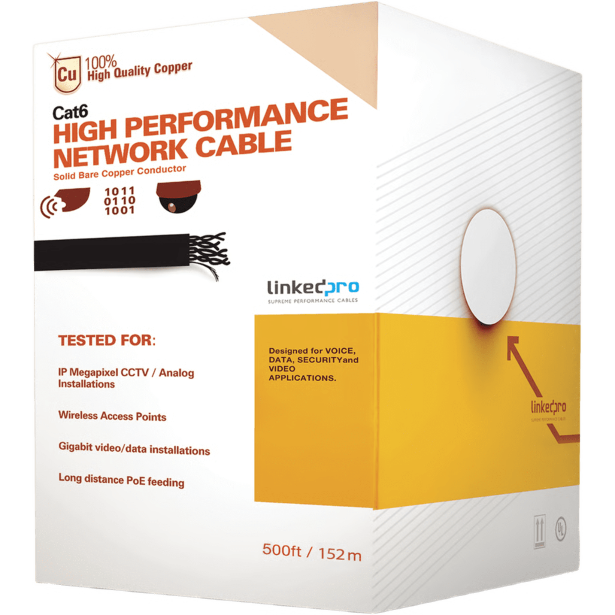 Cable UTP Cat6+ / 152.5 m (500 ft) / Calibre 23 / 100% Cobre / 250 MHz / Interior — LINKEDPRO BY EPCOM · SKU PRO-CAT-6-PLUS/500-V2