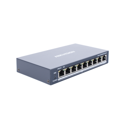 Switch PoE+ / Monitoreable / 8 Puertos 10/100 Mbps PoE+ / 1 Puerto 1000 Mbps de Uplink / Configuración Nube Hik-PartnerPro / Modo Extendido hasta 300 Metros / 110 W