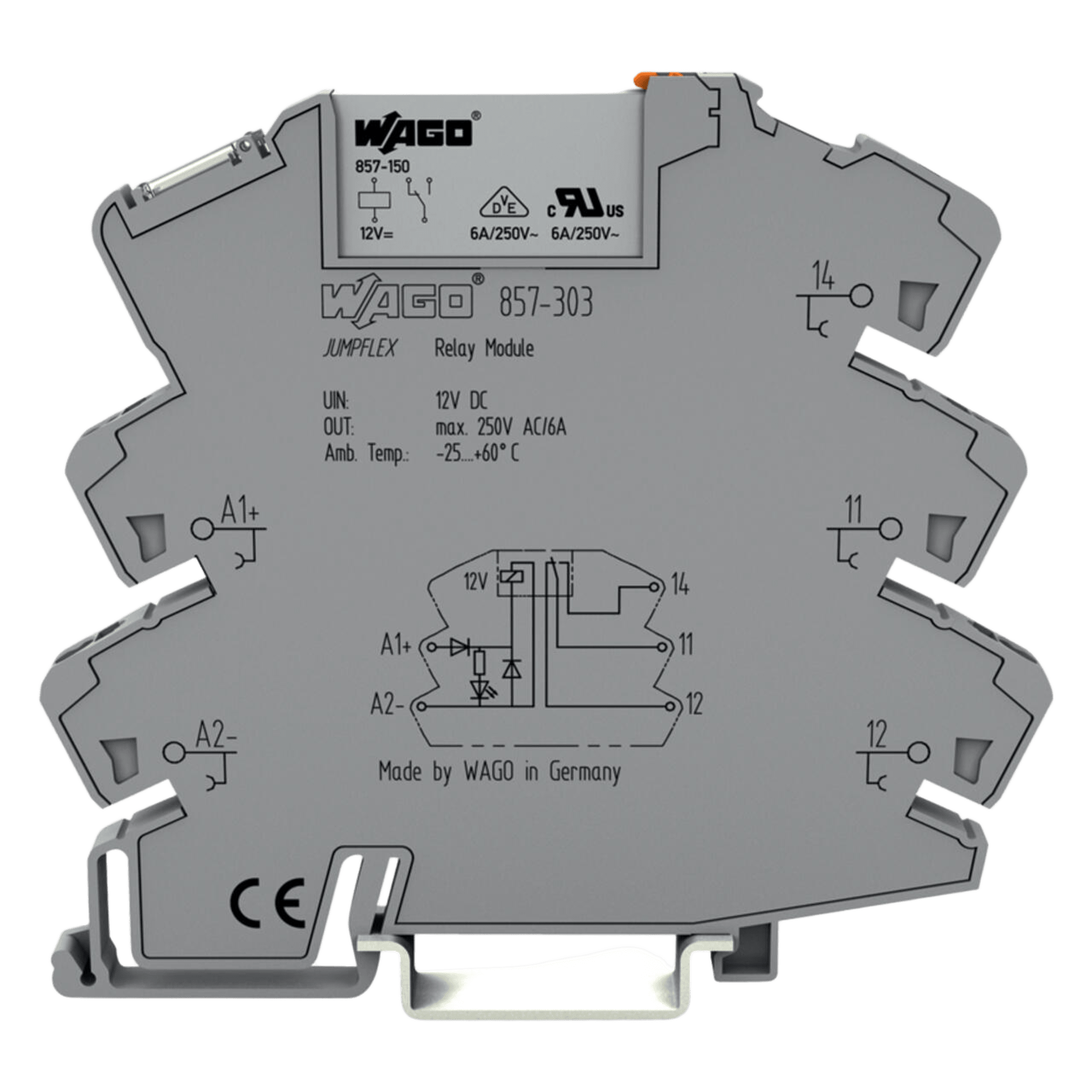 Módulo Relé 12V DC / 1 Inversor / 6A Corriente Permanente / Push-in CAGE CLAMP® / Indicador LED Amarillo / Aislamiento Reforzado / IP20 / Carril DIN-35 — WAGO · SKU 857-303