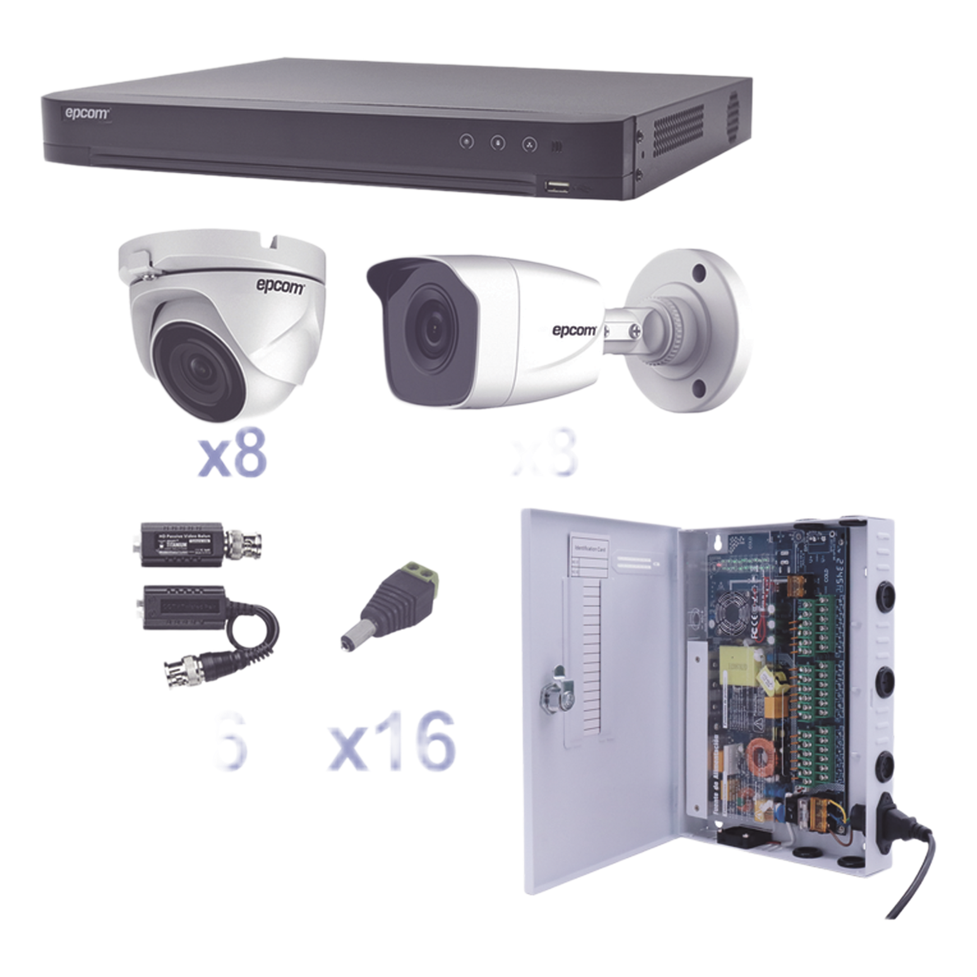 KIT TurboHD 1080p / DVR 16 Canales / 8 Cámaras Bala (exterior 2.8 mm) / 8 Cámaras Eyeball (exterior 2.8 mm) / Transceptores / Conectores / Fuente de Poder Profesional — EPCOM PROFESSIONAL · SKU KEVTX8T8B/8EW