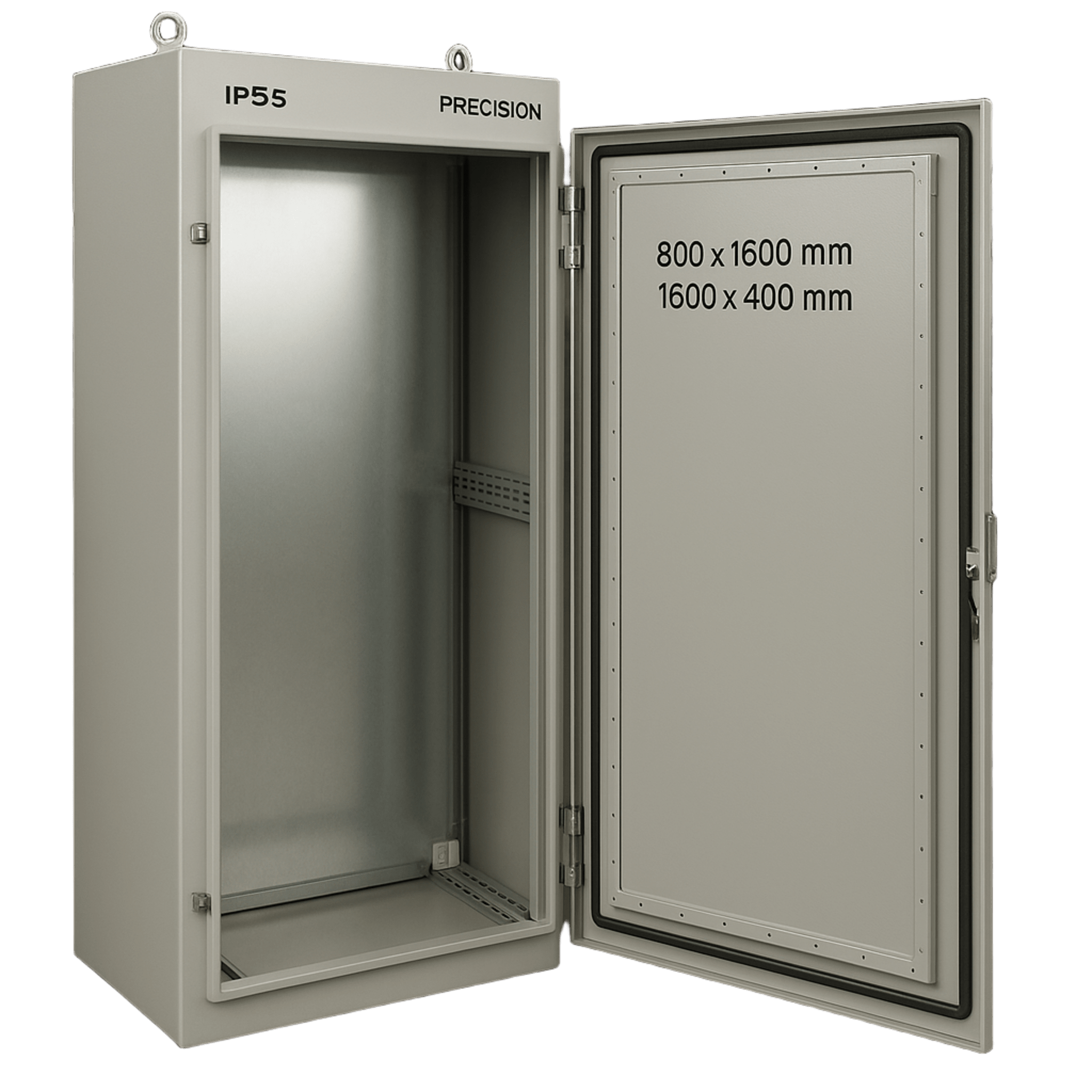 Gabinete de Acero IP55 / 800 x 1600 x 400 mm / IK10 / Carga 80 kg / Placa Trasera 750 x 1565 mm / Exterior