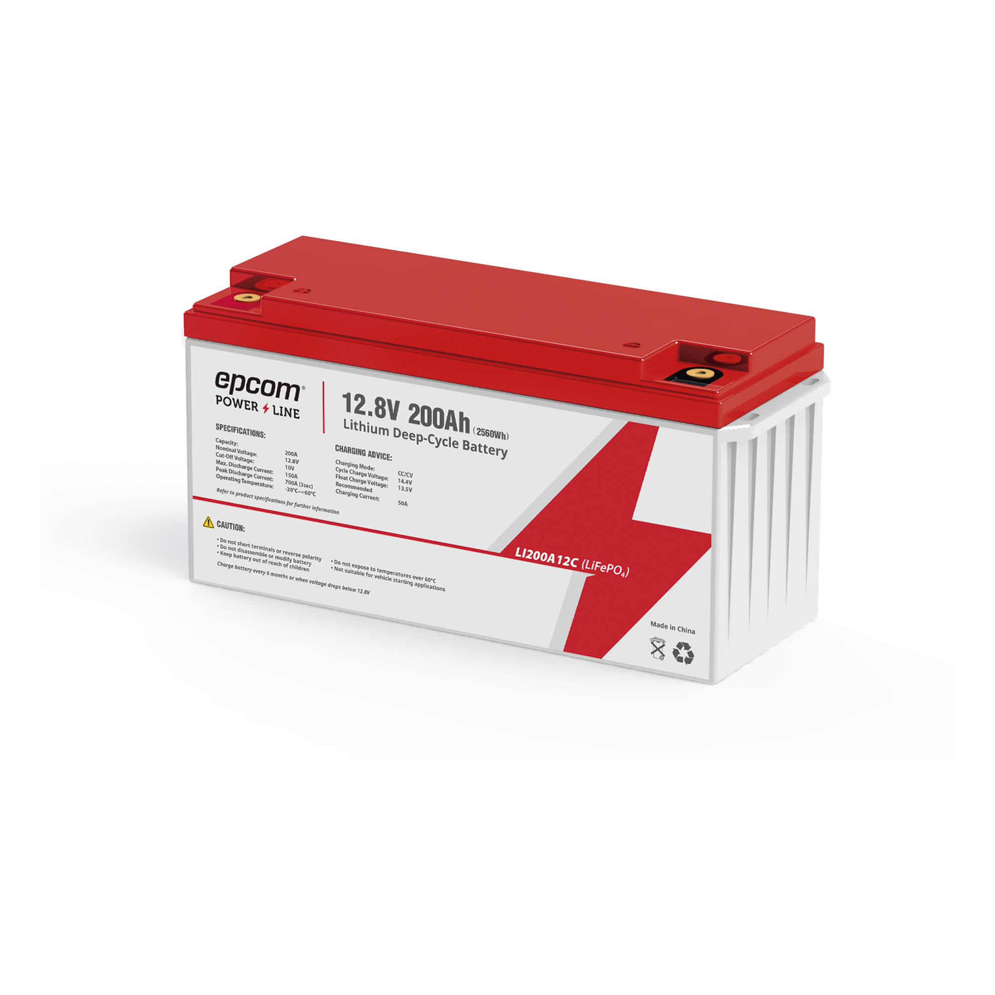 Batería de Litio Ciclo Profundo, 12.8 Vcc 200Ah (LiFePO4 de Celdas Cilíndricas) , Solar, Marina, Máximo 200 A de Descarga — EPCOM POWERLINE · SKU LI200A12CV
