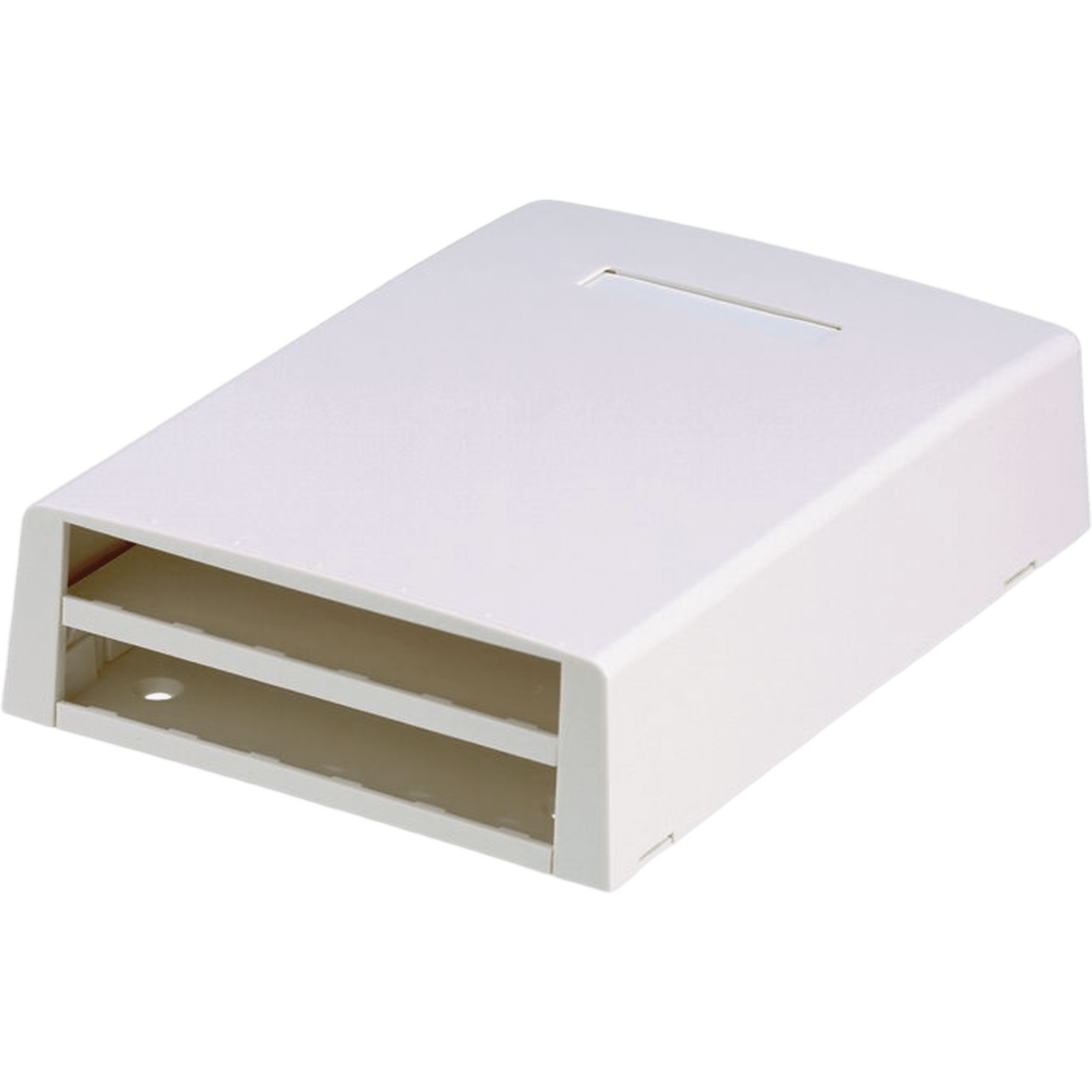 Caja de Montaje en Superficie, con Accesorio para Resguardo de Fibra Óptica, para 12 Módulos Mini-Com, Color Blanco