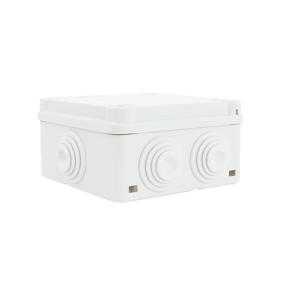 Caja Estanca de PVC Para Derivación y Conexión, 6 Entradas, Tapa con Tornillo de 1/4" de Vuelta, 100x100x50 mm (Área Interna), Uso Exterior IP55, Material que no Propaga el Fuego y Libre de Hálogenos