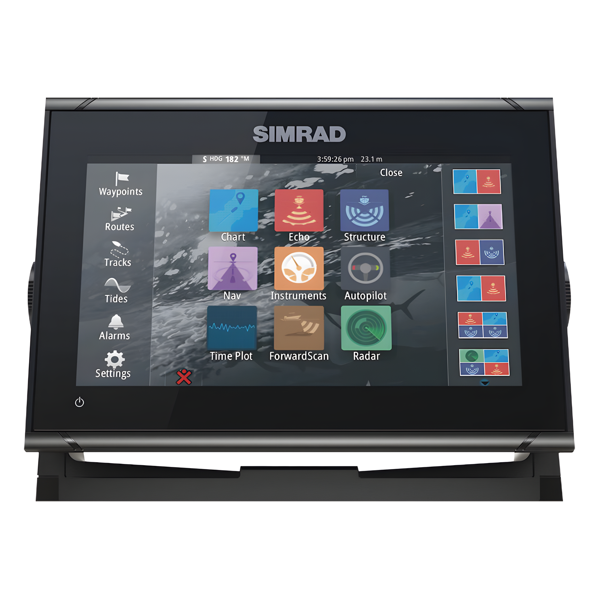 Plotter GPS GO9 XSE / Pantalla Táctil 9" / Compatible con Sonar y Radar / Conectividad Inalámbrica y NMEA 2000® / Integración con Piloto Automático y Sistemas de Sonido / Tecnología Active Imaging™ 3 en 1 — SIMRAD · SKU 000-14444-001