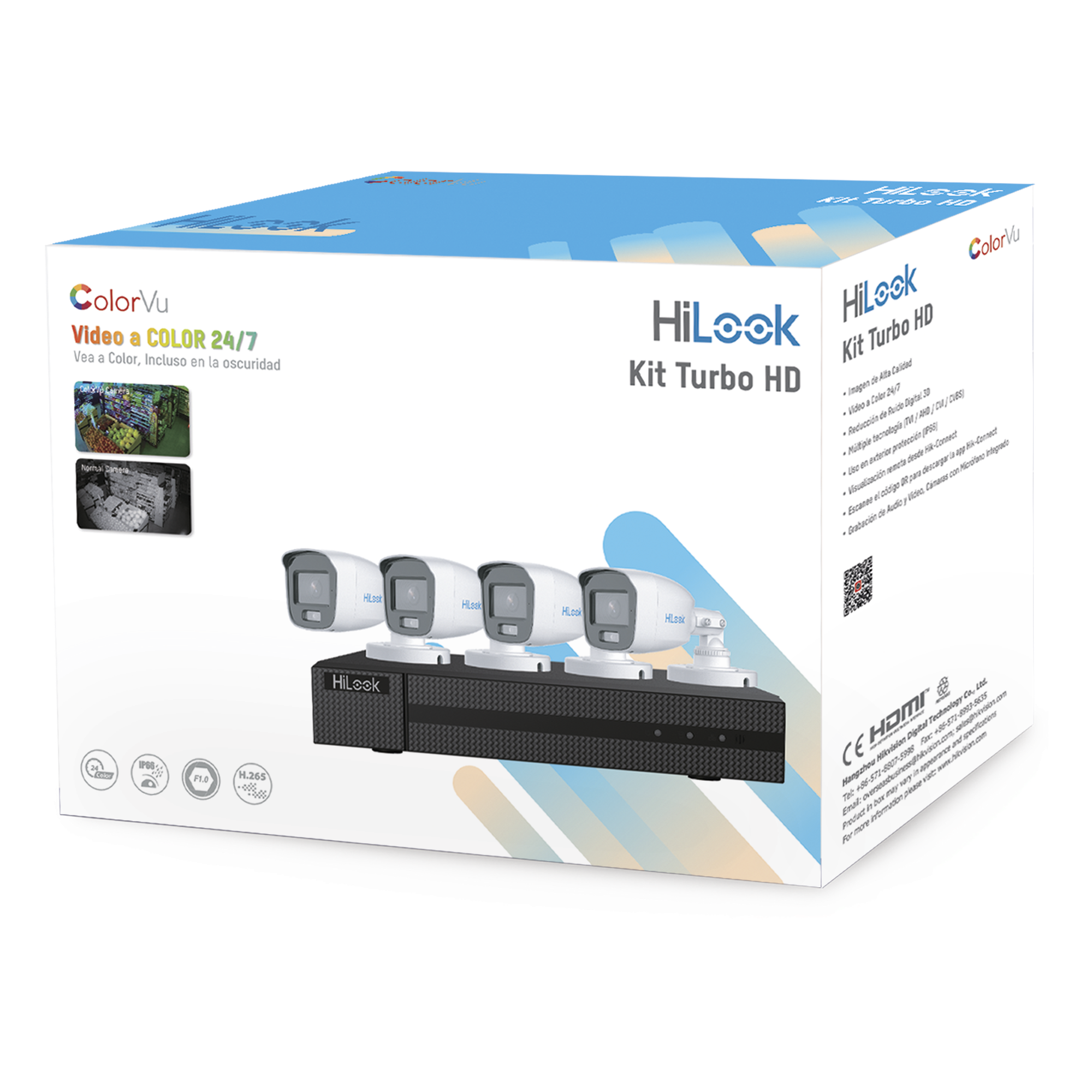 Kit TurboHD 1080p / DVR 4 Canales / 4 Cámaras Bala ColorVu con Micrófono Integrado / Fuente de Poder / Accesorios de Instalación — HiLook by HIKVISION · SKU HL-1080-CV/A