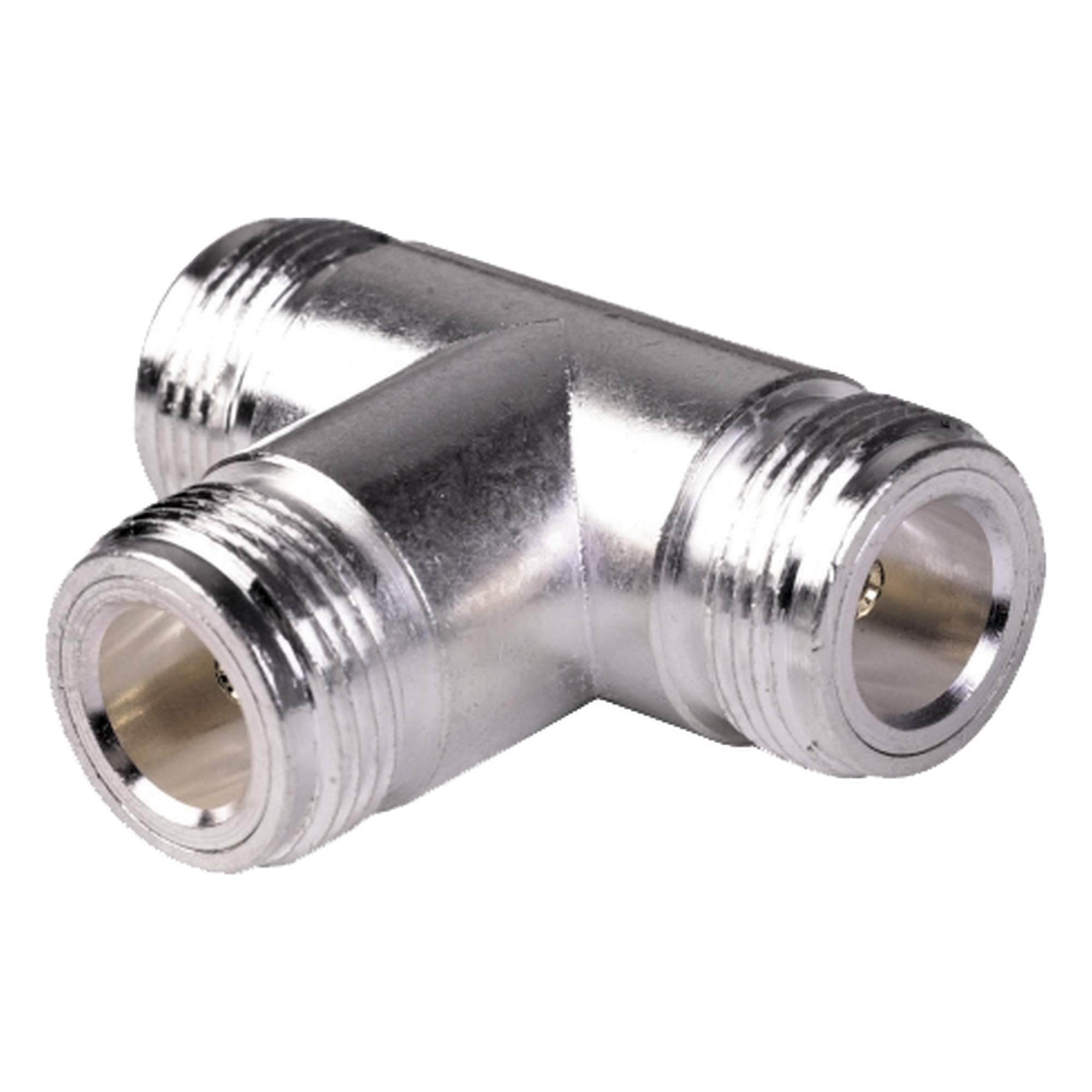 Adaptador RF en T / Triple Conector N Hembra / Cuerpo Bronce Plateado / Contacto Oro / Aislante Teflón — RF INDUSTRIES,LTD · SKU RFN-1011-1