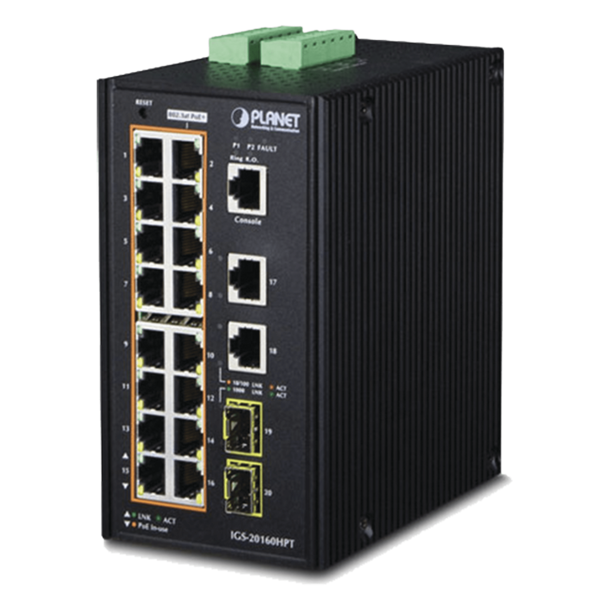 Switch Industrial Administrable 16 puertos 10/100/1000 T 802.3at PoE + 2 Puertos 10/100/1000 T + 2 puertos 100/1000 X SFP — PLANET · SKU IGS-20160HPT