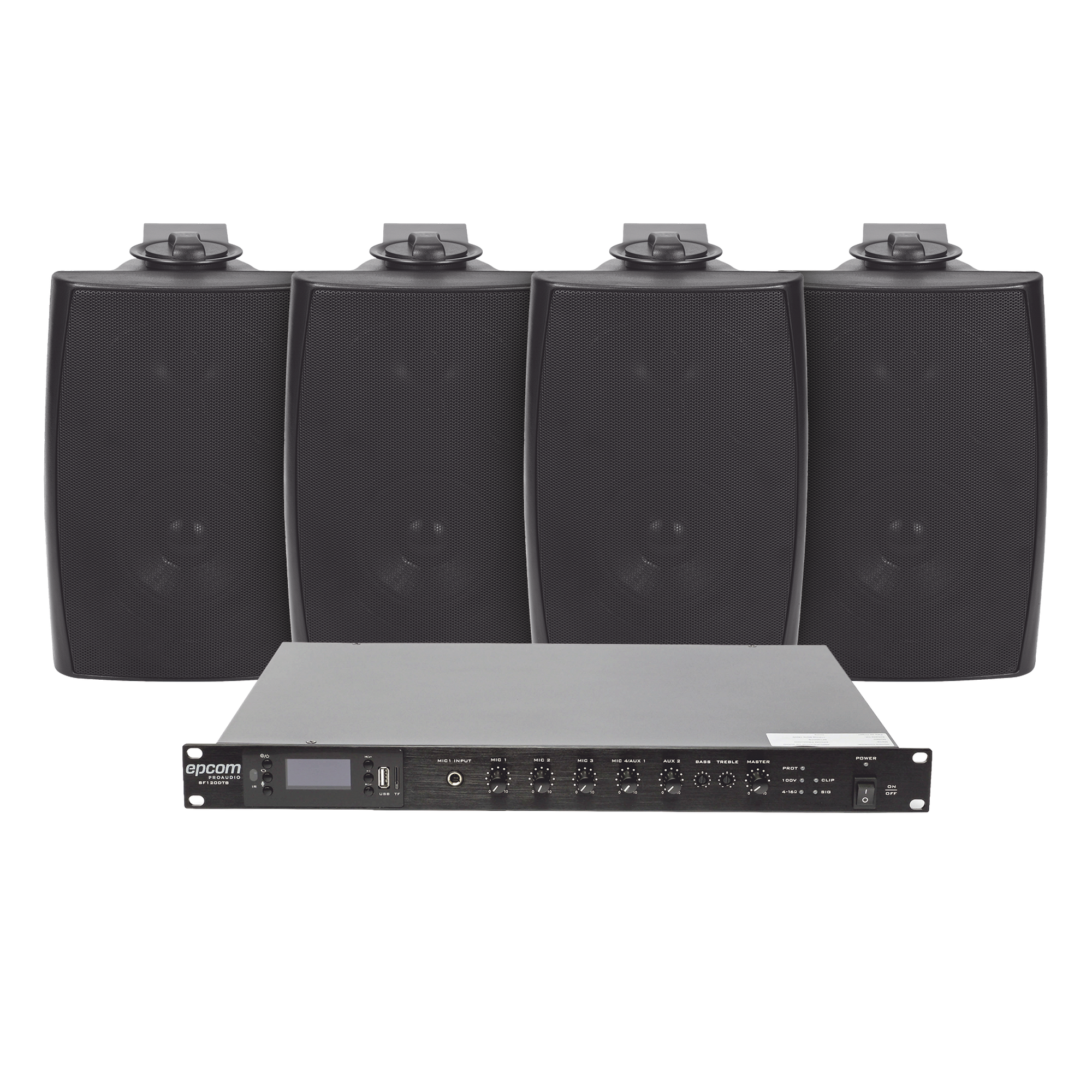 KIT de Amplificador de Audio 120W para Rack | 4 Altavoces de Pared color Negro 2.5W - 20W | Sistema 70/100V