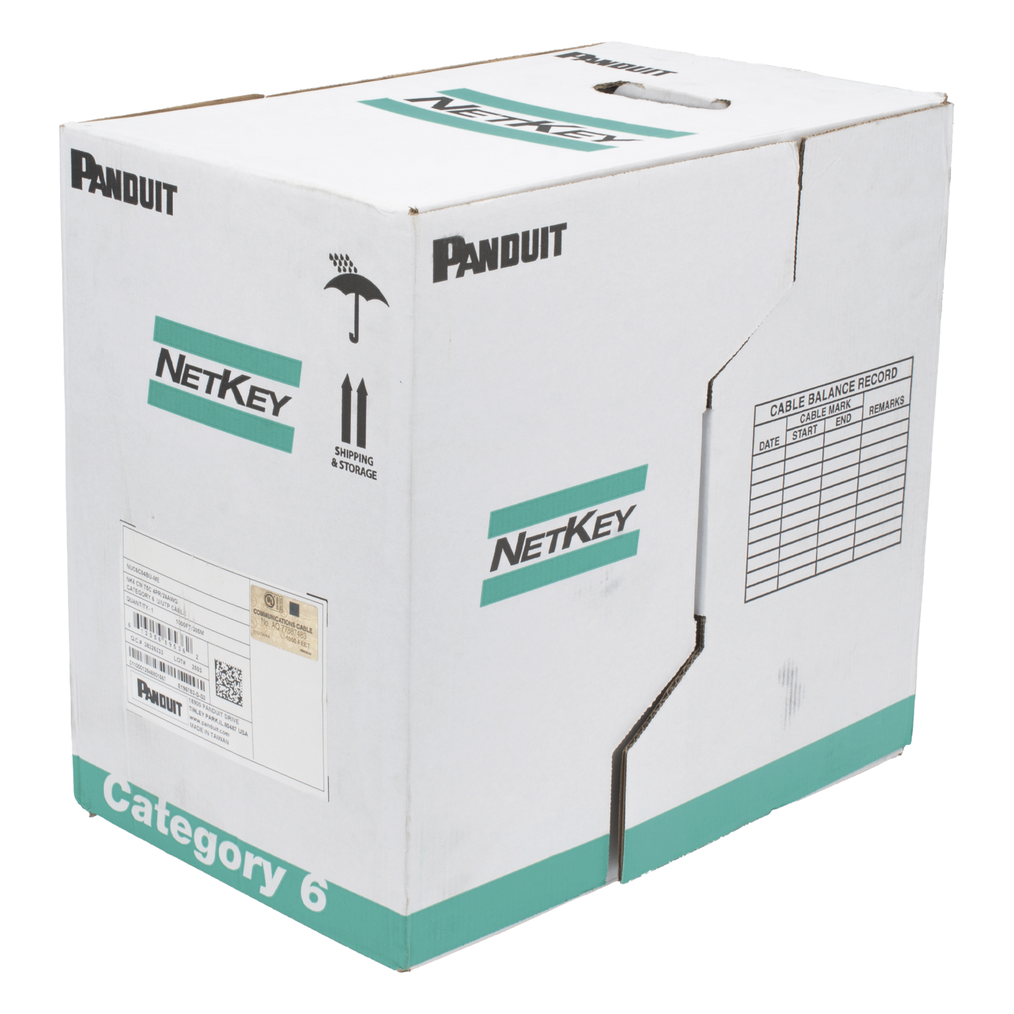 Bobina de Cable UTP 305 Metros (1000 Pies) de Cobre, NetKey, Azul, Categoría 5e (24 AWG), PVC (CM), de 4 Pares — PANDUIT · SKU NUC5C04BU-ME
