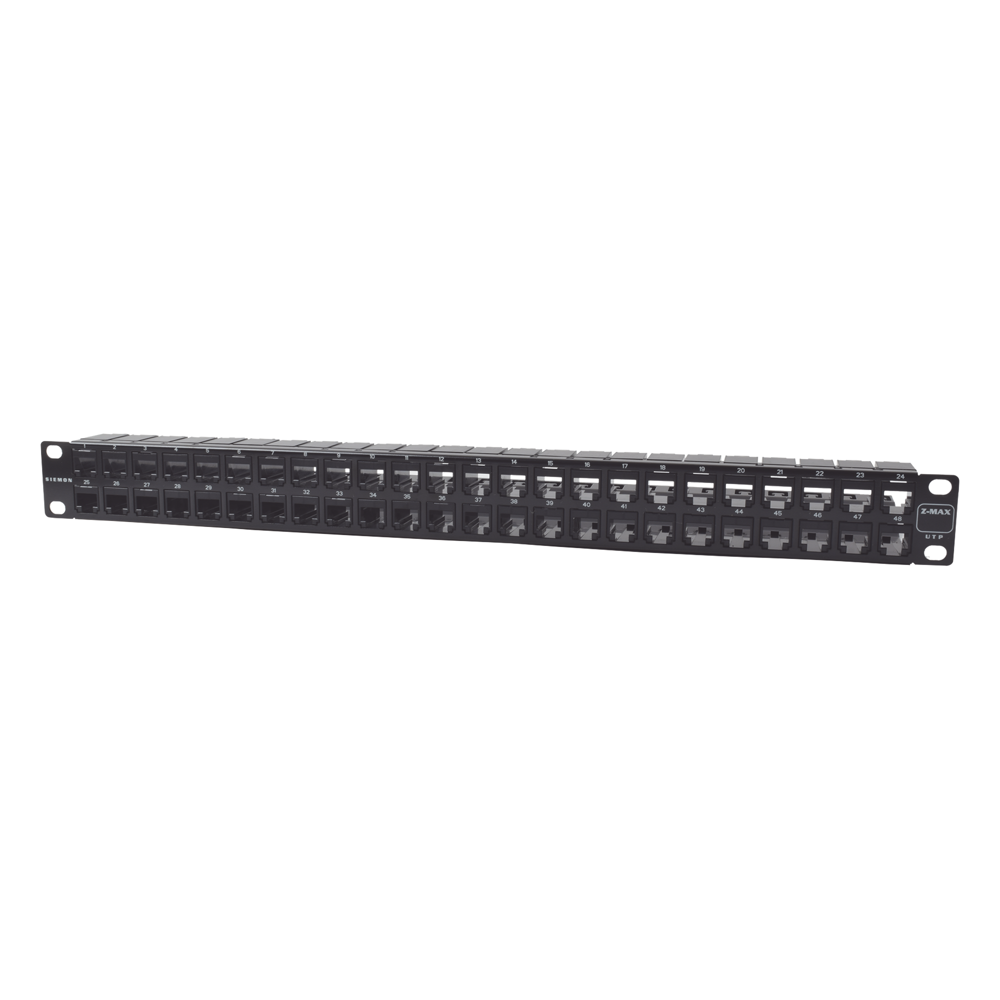 Patch Panel UTP Z-MAX de 48 Puertos, Precargado con Jacks Categoría 6, Plano, 1UR — SIEMON · SKU Z6-PNL-U48K