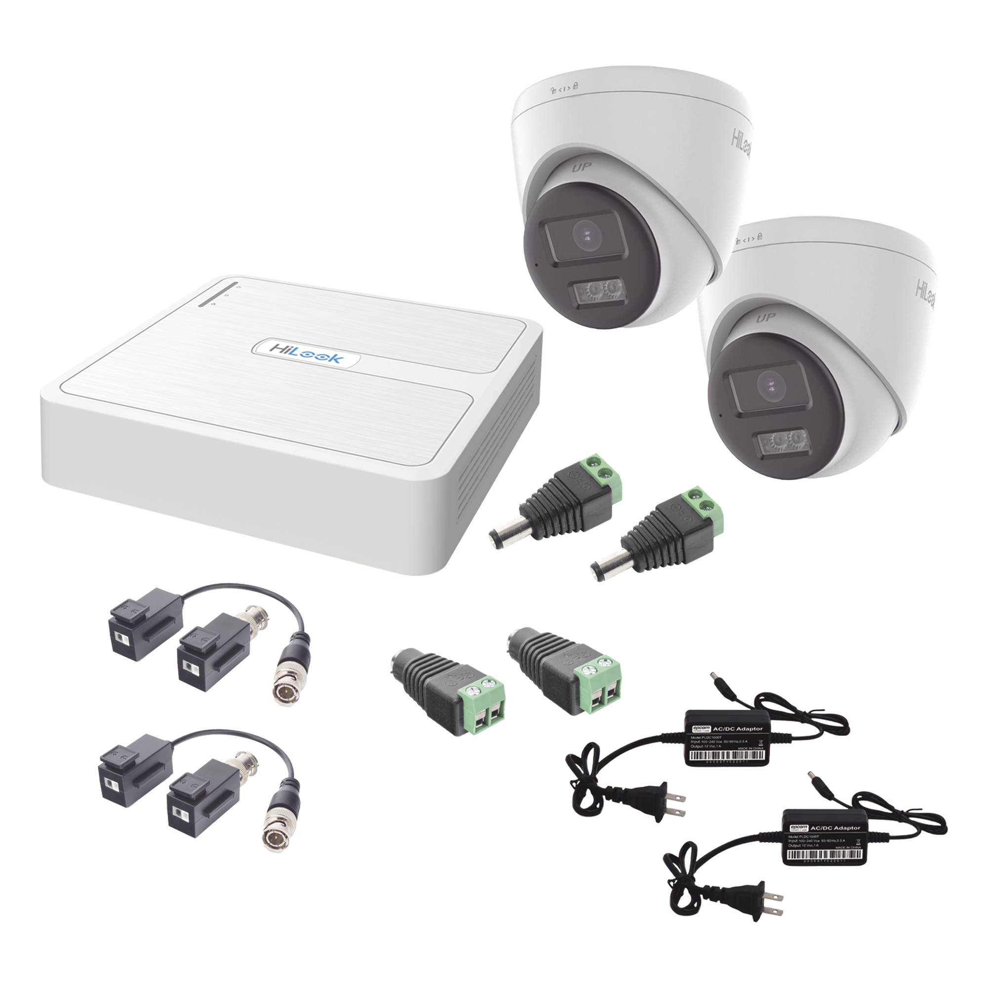 Kit HiLook Audio Bidireccional TurboHD 1080p / DVR 4 Canales / 2 Cámaras Turret (Exterior) con Bocina y Microfóno Integrado / 2 Fuentes de Poder / Accesorios — HiLook by HIKVISION · SKU HL-1080P-2E-TWA