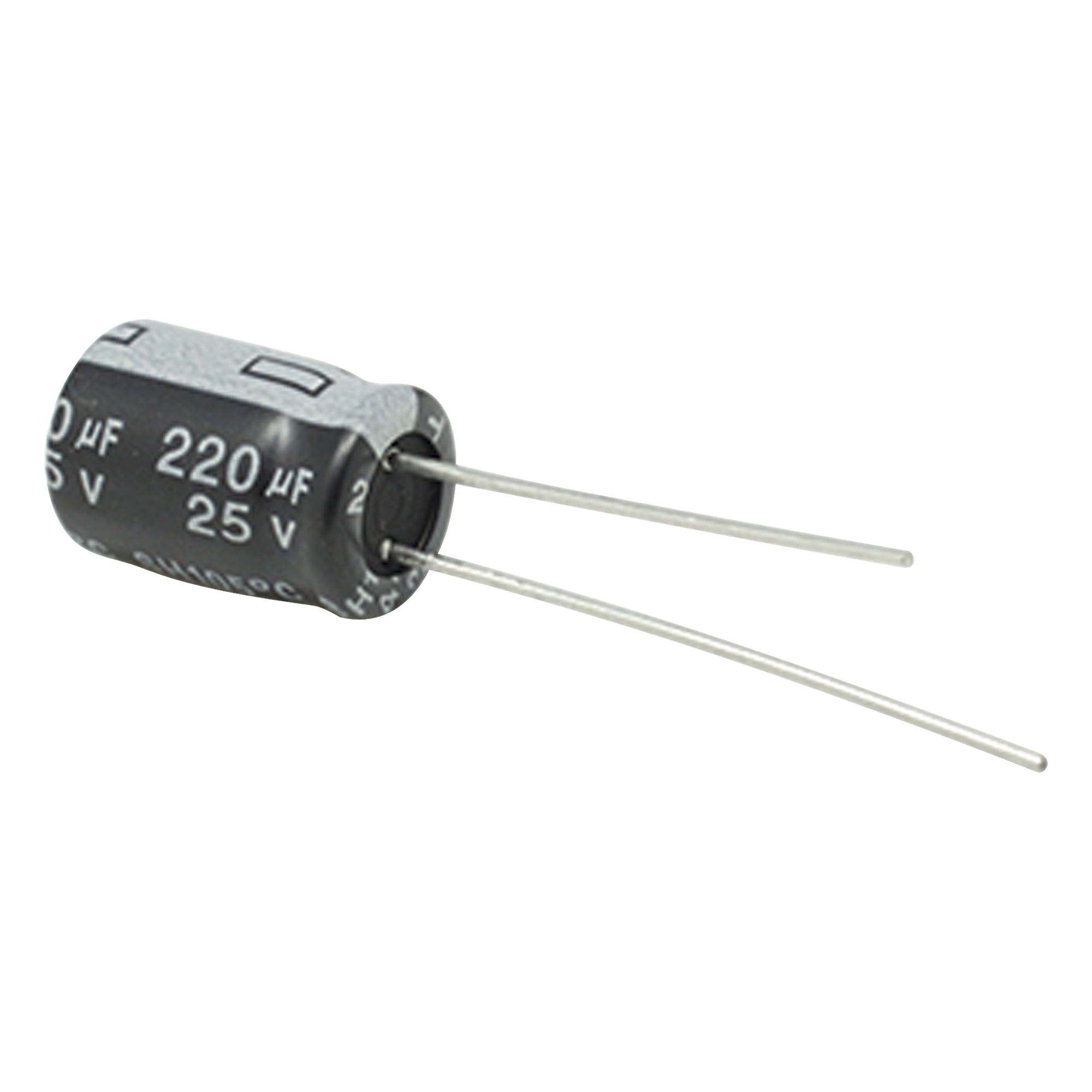 Capacitor Electrolítico Radial / 220 µF / 25 Vcc / 105 °C / 8 x 11 mm / 2000 h Durabilidad — SYSCOM · SKU CE220/25V