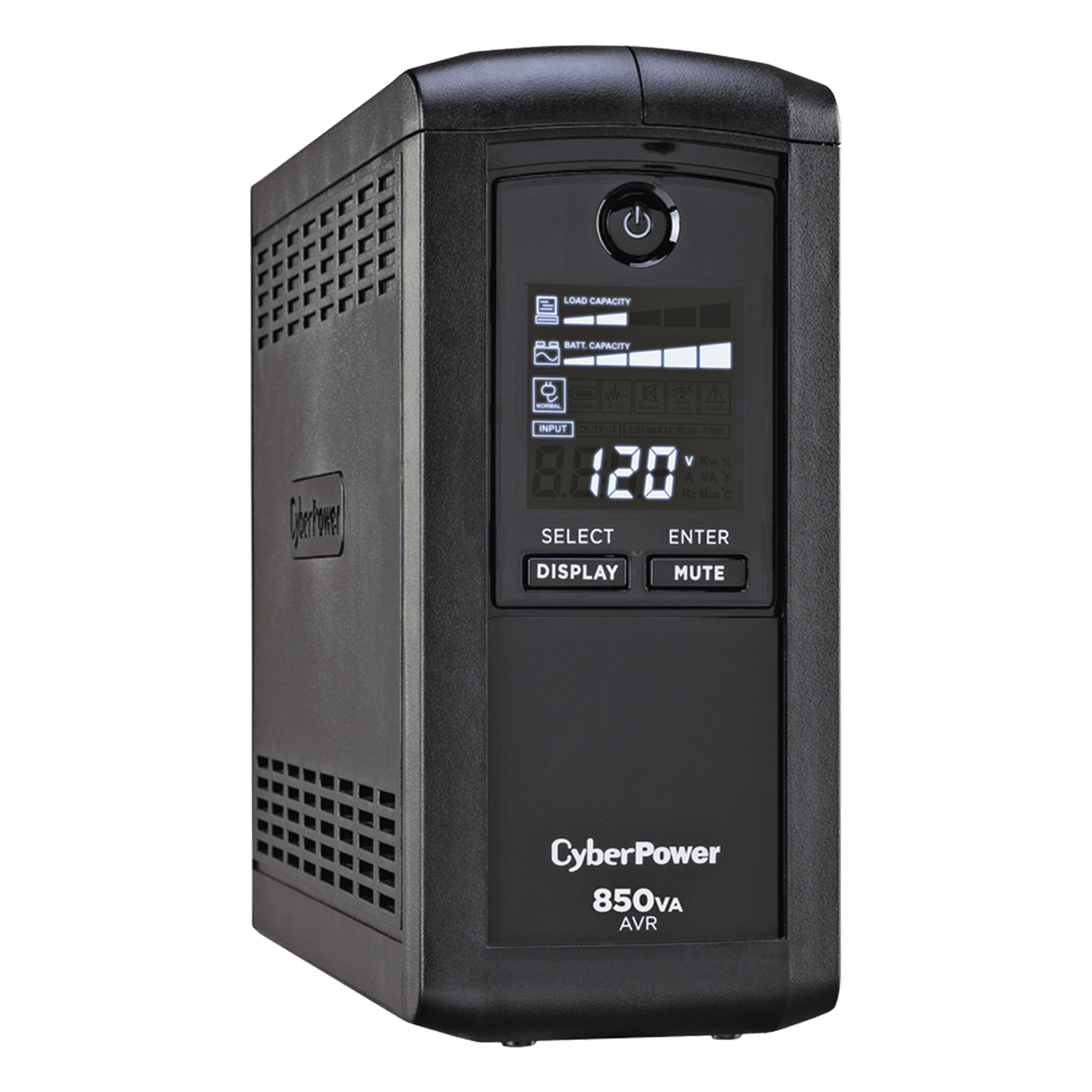 UPS de 850 VA/510 W, Topología Línea Interactiva, Entrada 120 Vca NEMA 5-15P, Tipo Mini Torre, Con 9 Tomas NEMA 5-15R — CYBERPOWER · SKU CP850AVRLCDA