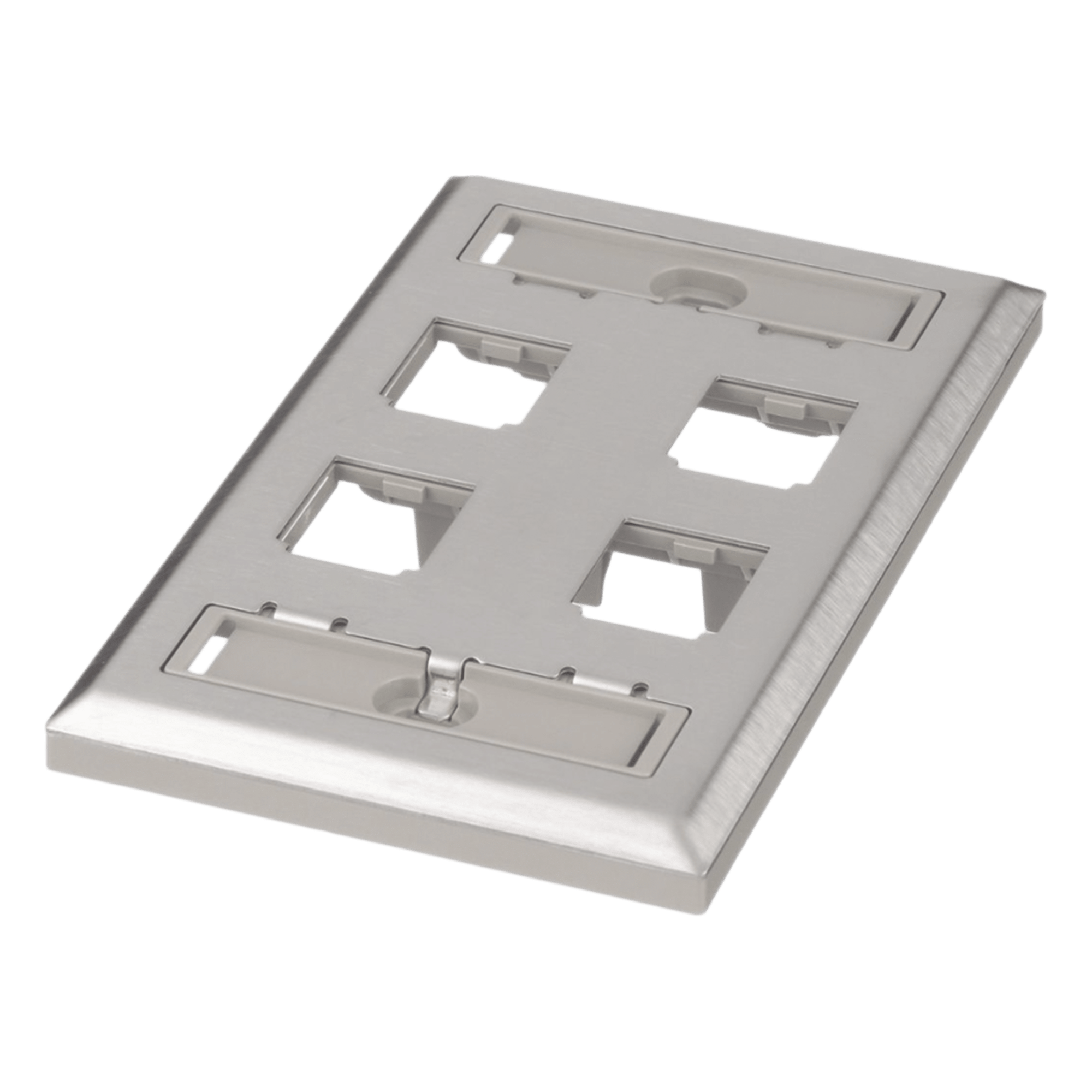 Placa de Pared Vertical, de Acero Inoxidable, Salida Para 4 Puertos Mini-Com, Con Espacios Para Etiquetas — PANDUIT · SKU CFPL4SY