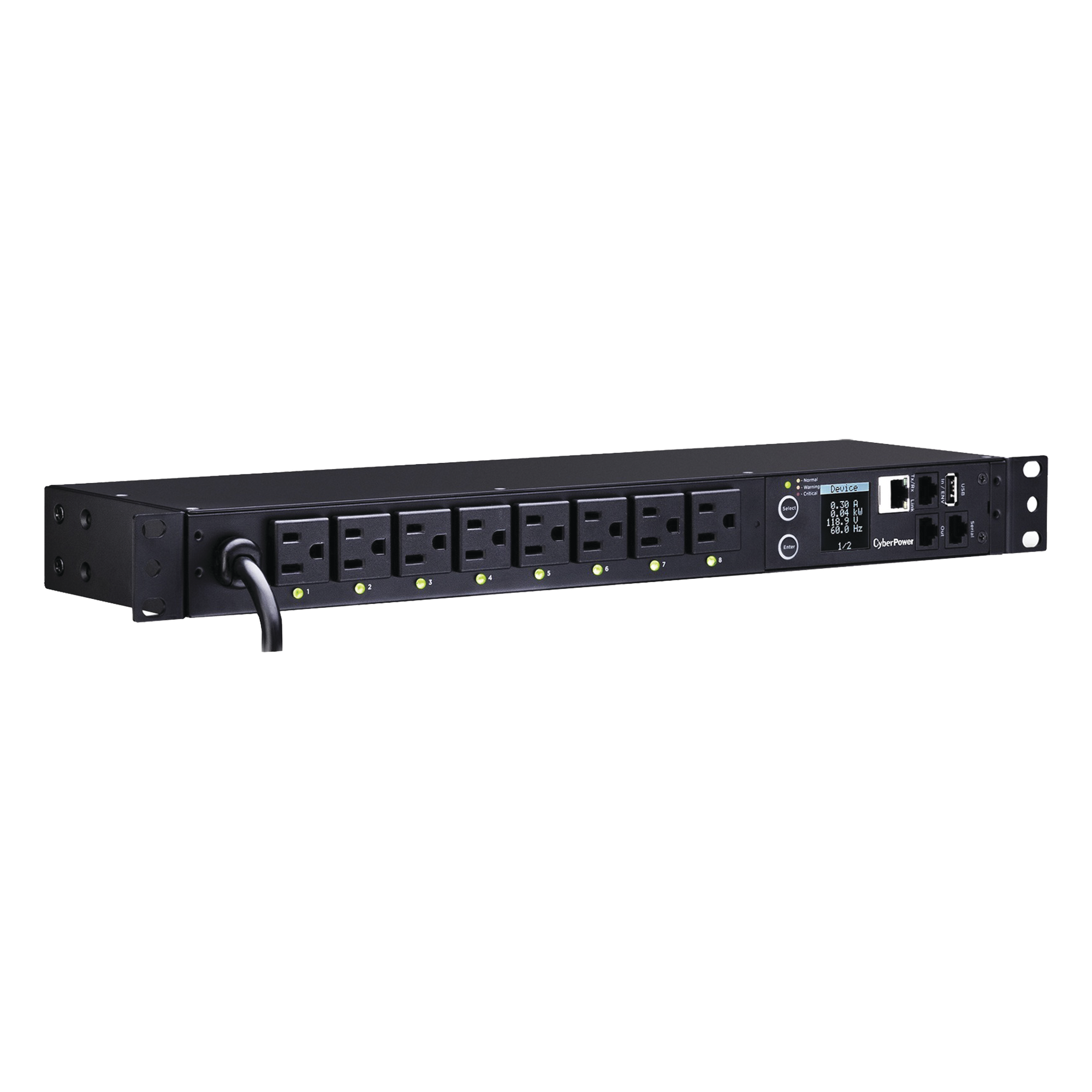 PDU Switchable por Toma, Para Distribución de Energía, Entrada 120 Vca NEMA 5-15P, Con 8 Salidas NEMA 5-15R, Horizontal 19in, 1UR — CYBERPOWER · SKU PDU41001