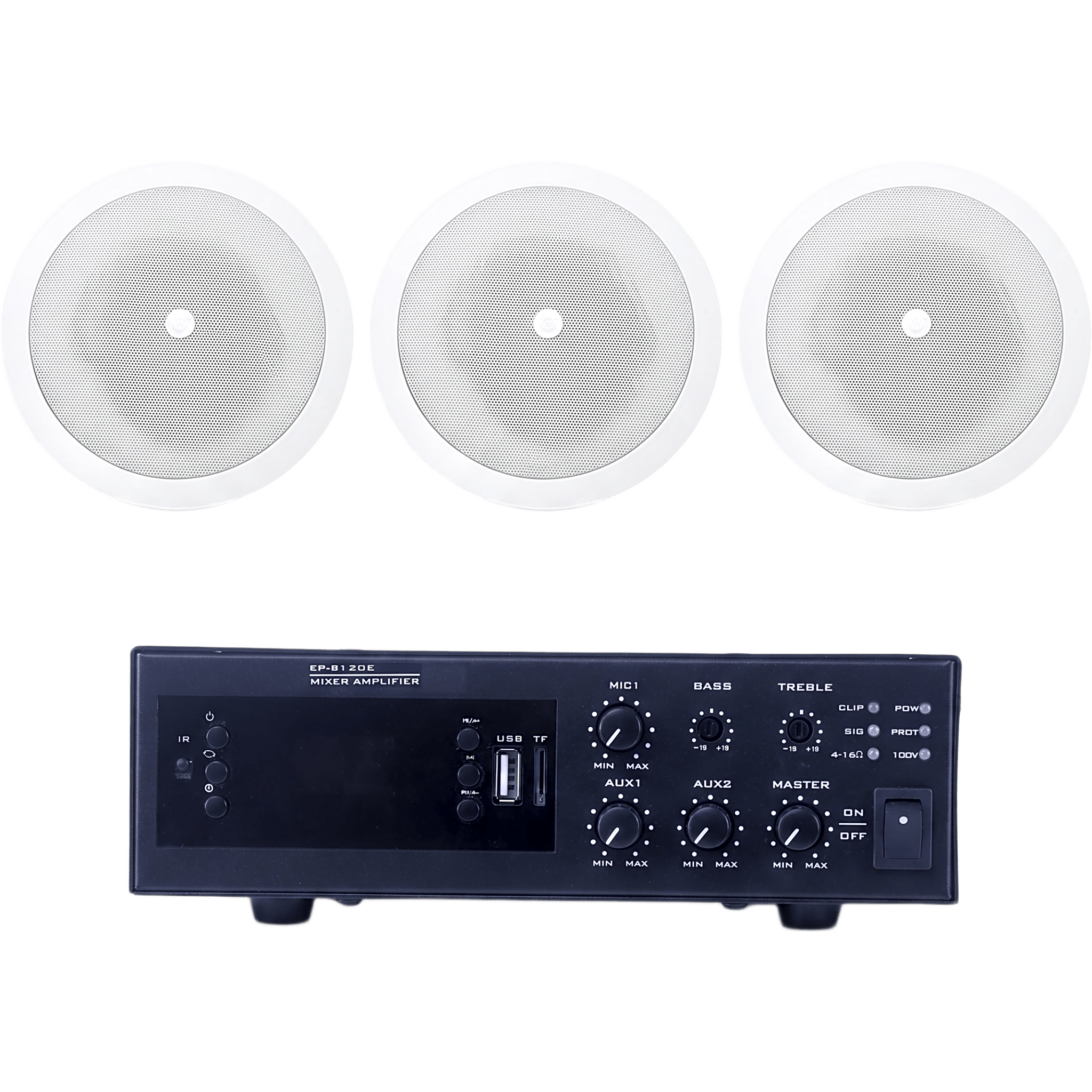 KIT de Amplificador de 120W para Escritorio | 3 Altavoces de Plafón de 5" | 3.75 - 30W | Sistema 70/100V — EPCOM PROAUDIO · SKU EPB120E/3CS