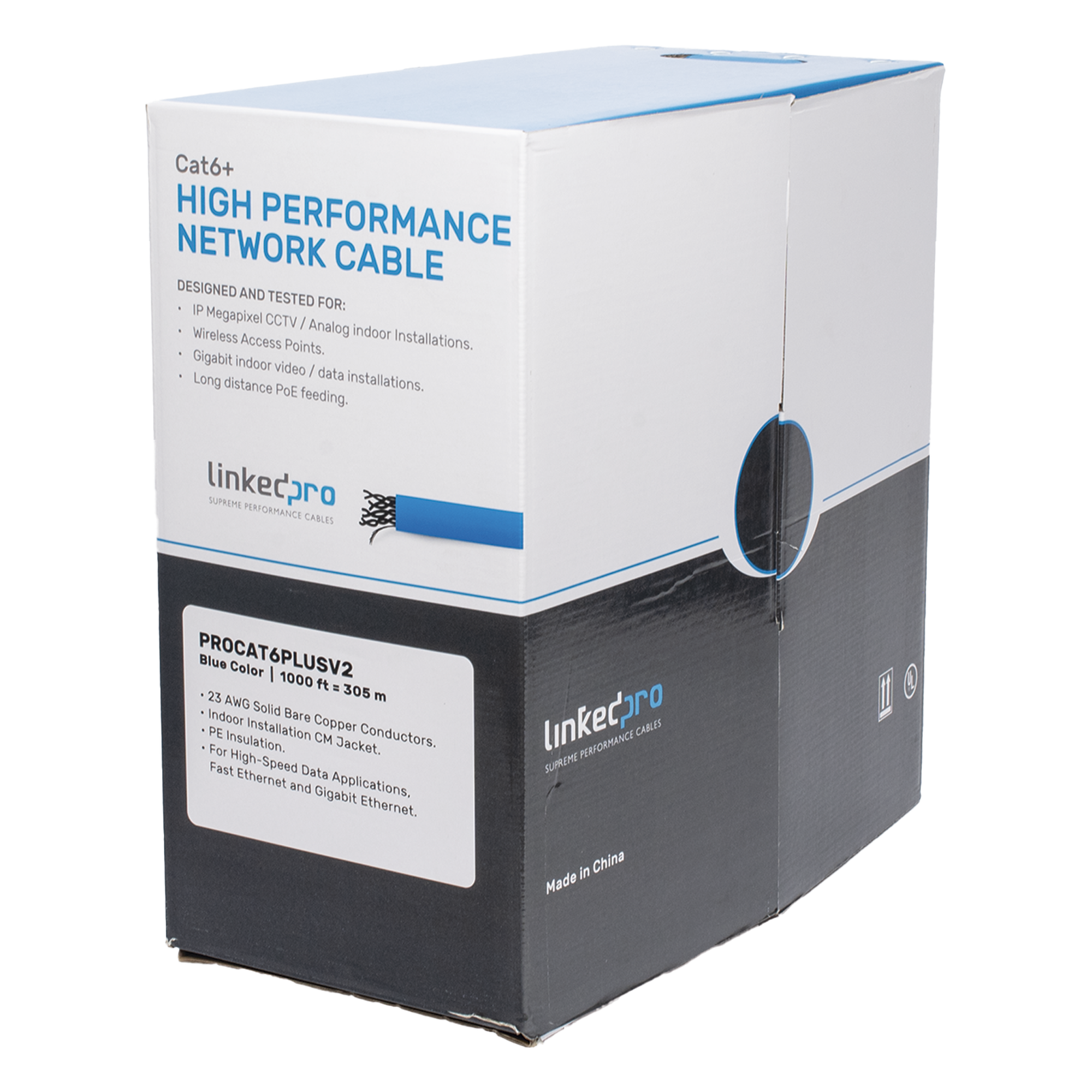 Bobina de Cable de 305 Metros (1000 Pies) Cat6+, CM, Calibre 23 Alto Rendimiento, ETL, UL, Color Azul, Super Flexible, para Aplicaciones de Video Vigilancia, Video HD, y Redes de Datos. Uso Interior. — LINKEDPRO BY EPCOM · SKU PRO-CAT-6-PLUS-V2